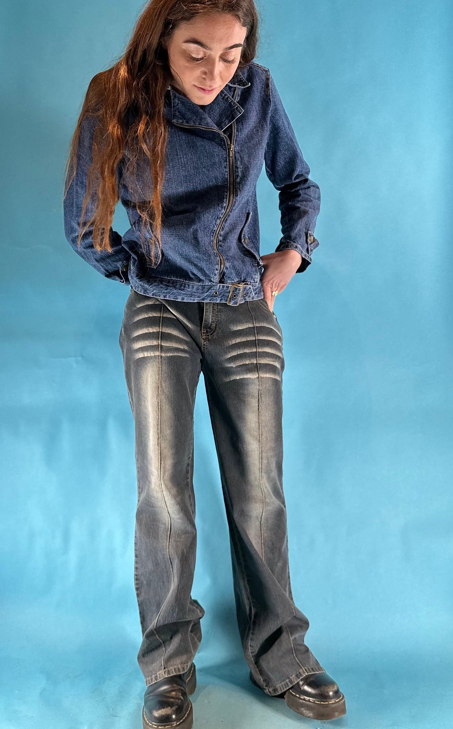 Vintage Y2K 2000s Washed Sun Bleached Wide Leg Boot Cut Low Rise Denim Jeans.