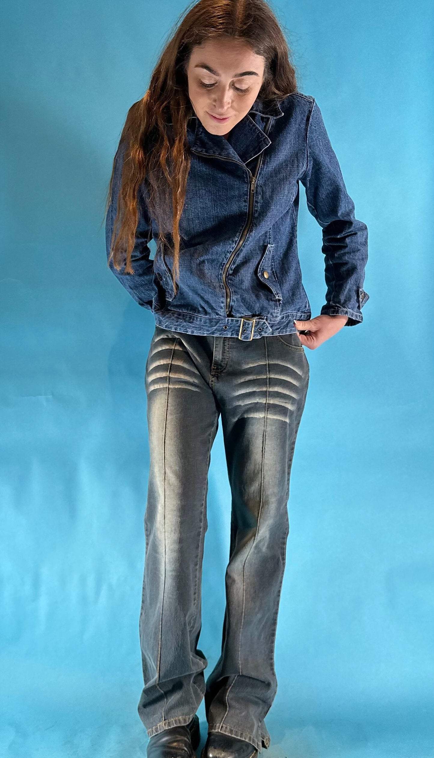 Vintage Y2K 2000s Washed Sun Bleached Wide Leg Boot Cut Low Rise Denim Jeans.