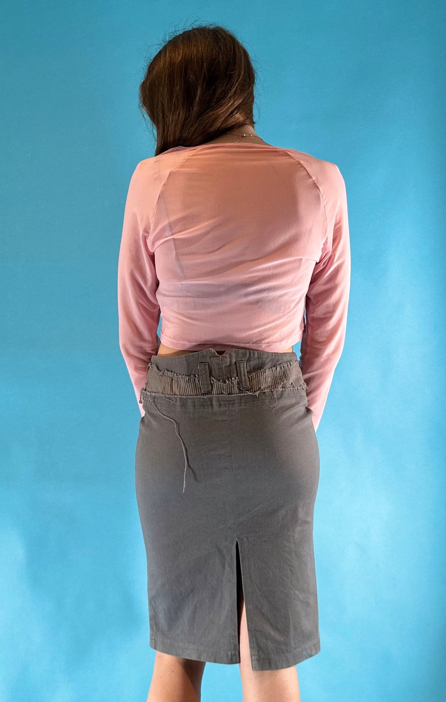 Vintage 1990s Grey Denim Pencil Midi Skirt.