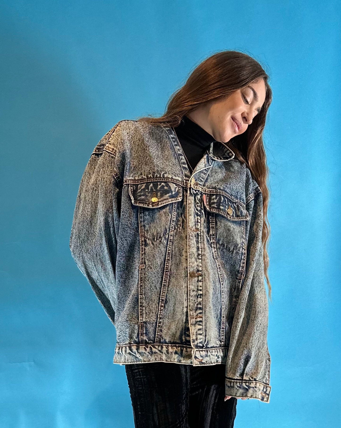 Reworked Custom Applique Sequin Vintage 1990s Washed Blue Denim Freddie Mercury Denim Jacket.