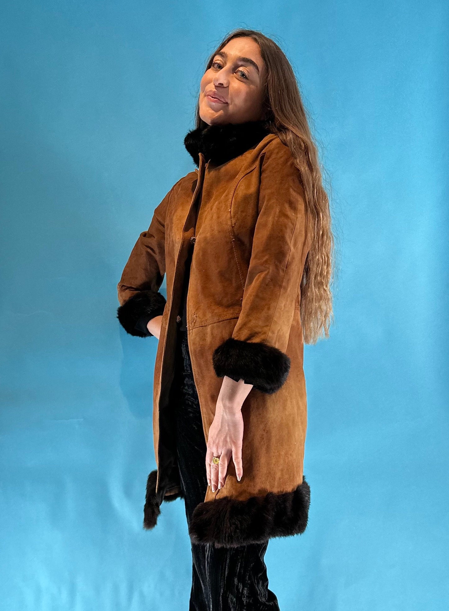 Vintage 1970s Brown Suede Real Fur Leather Penny Lane Coat.