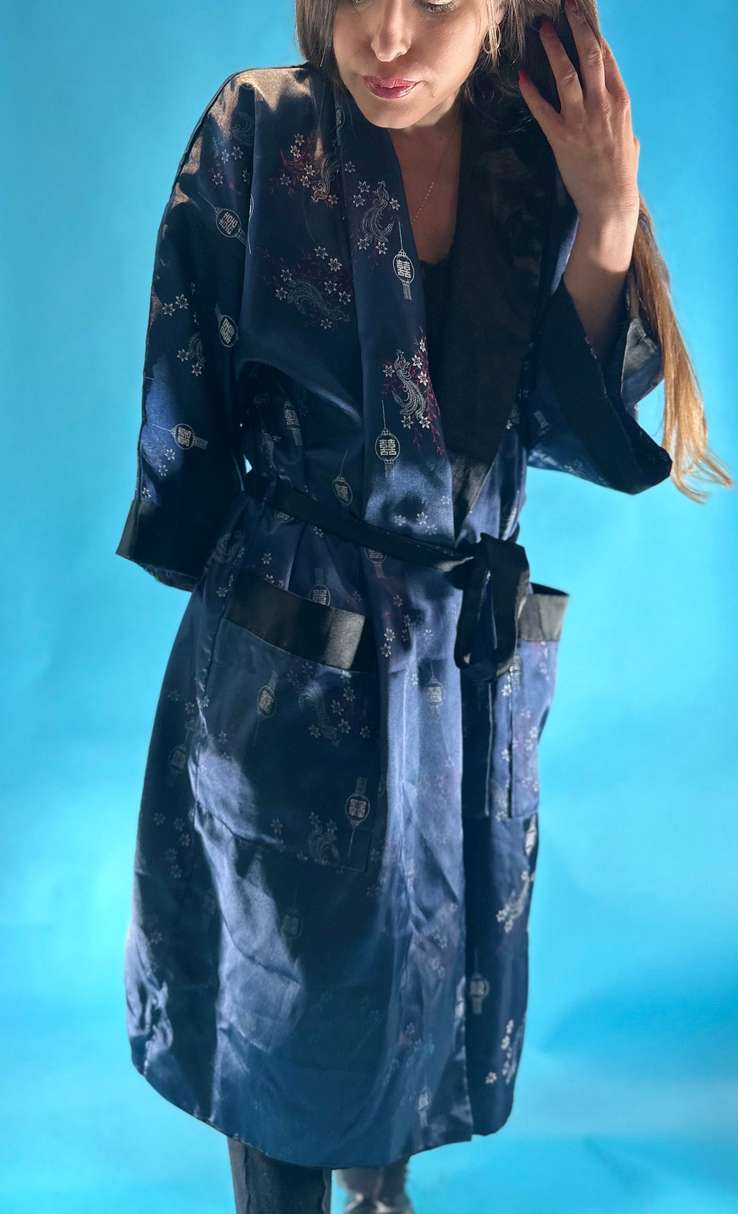 Vintage 1980s Satin Jacquard Floral and Embroidered Dragon Reversible Japanese Kimono Style Robe.