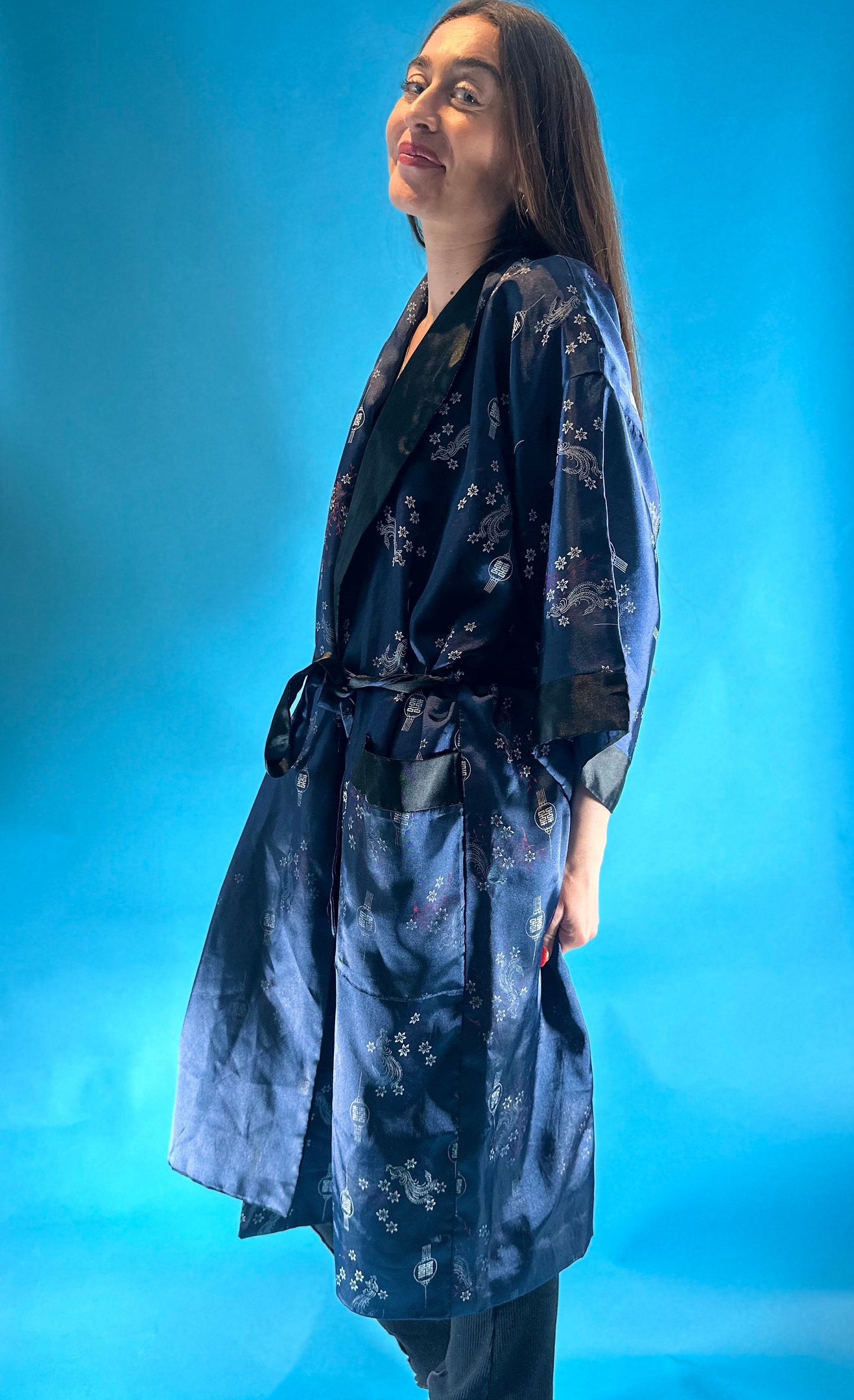 Vintage 1980s Satin Jacquard Floral and Embroidered Dragon Reversible Japanese Kimono Style Robe.