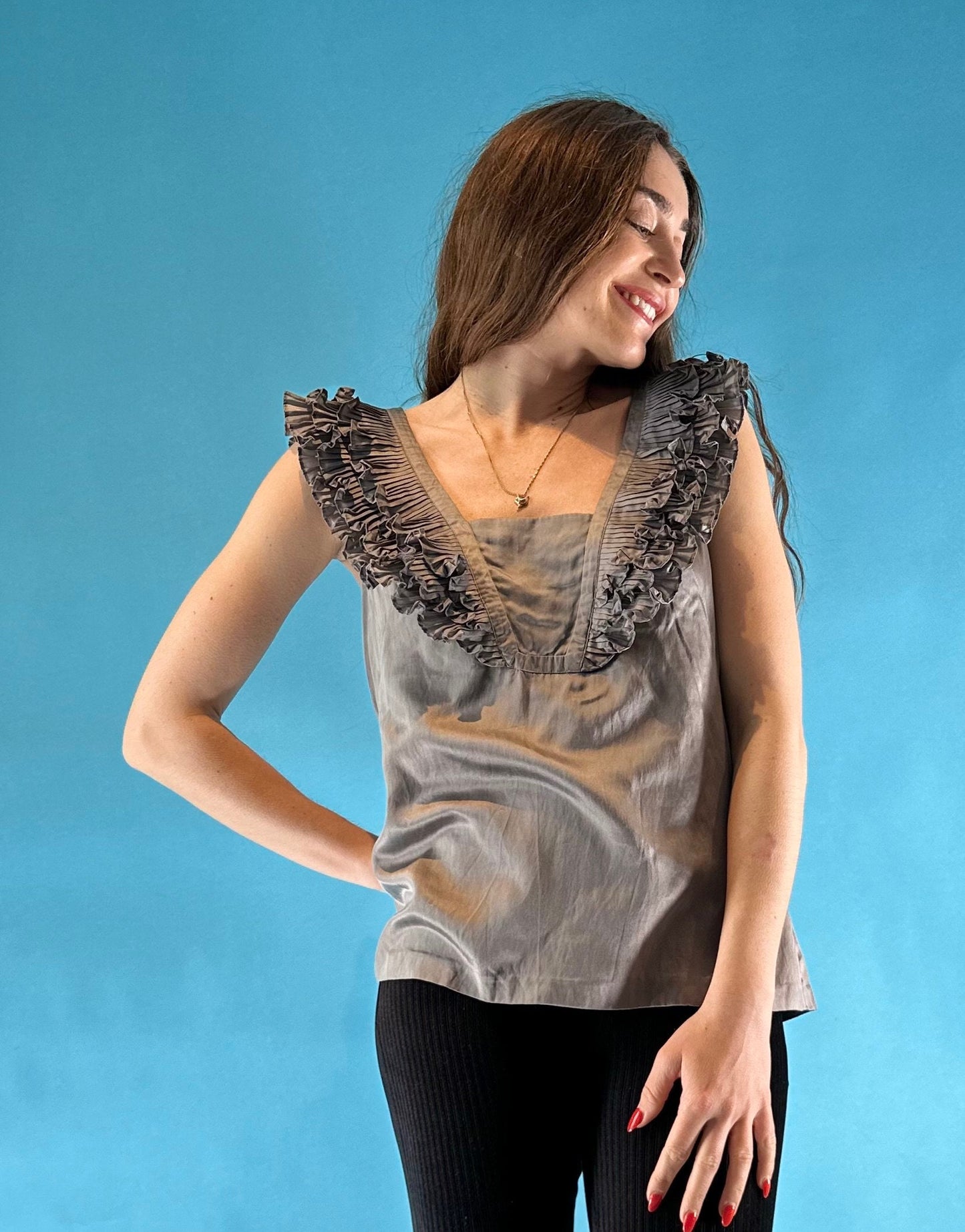 Vintage Y2K Grey Silver Satin Frilly Sleeveless Top.