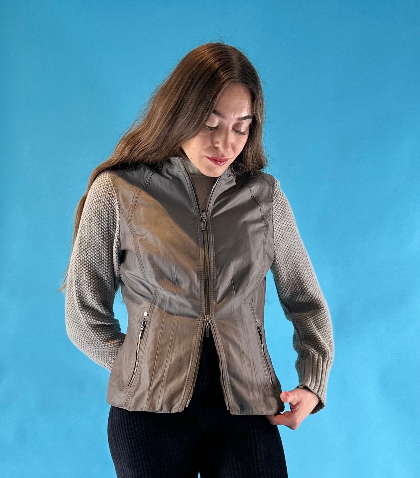 Vintage Y2K 2000s Double Zip Up Jacket with Knitted Sleeves.