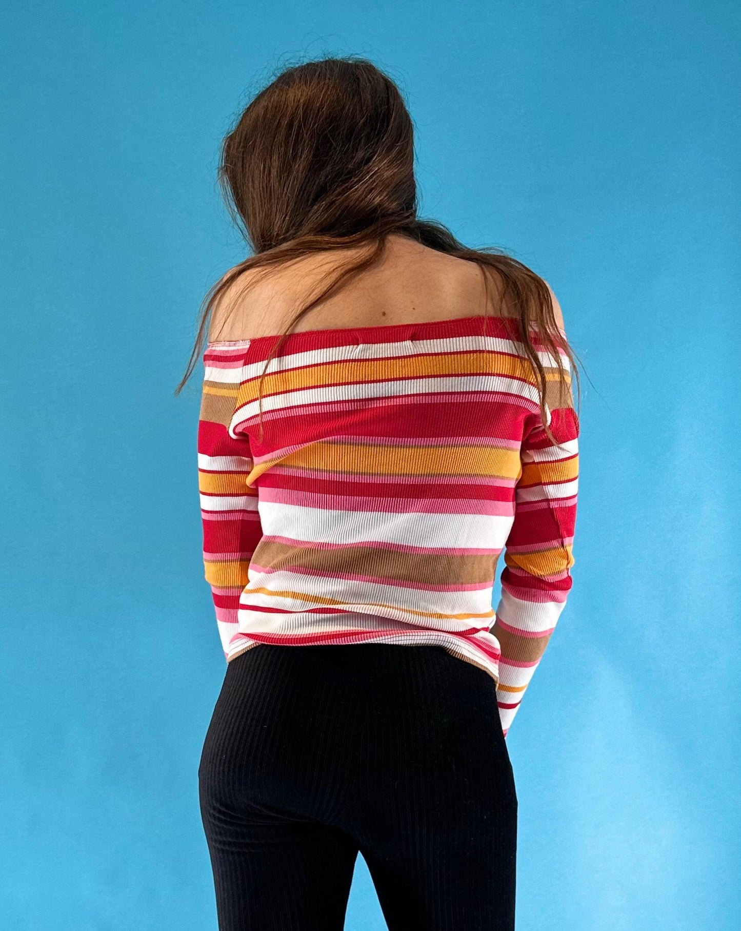 Vintage Y2K 2000s Off The Shoulder Red White Ribbed Long Sleeve Striped Top.