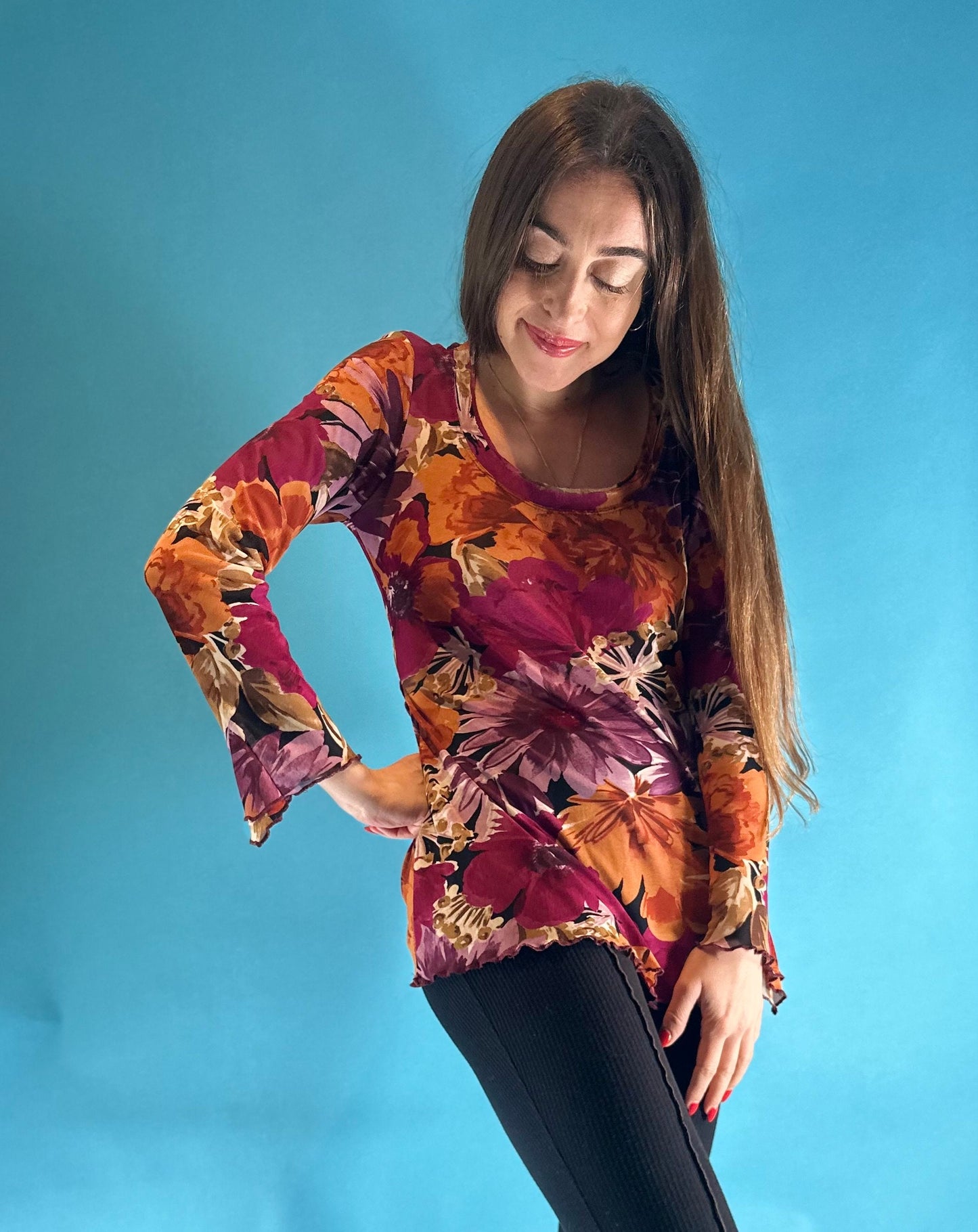 Vintage Y2K Pink Red Purple Floral Print Mesh Top Long Flounced Sleeves.