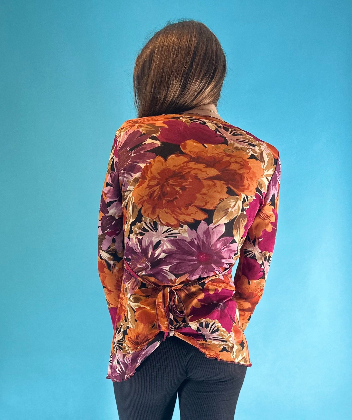 Vintage Y2K Pink Red Purple Floral Print Mesh Top Long Flounced Sleeves.