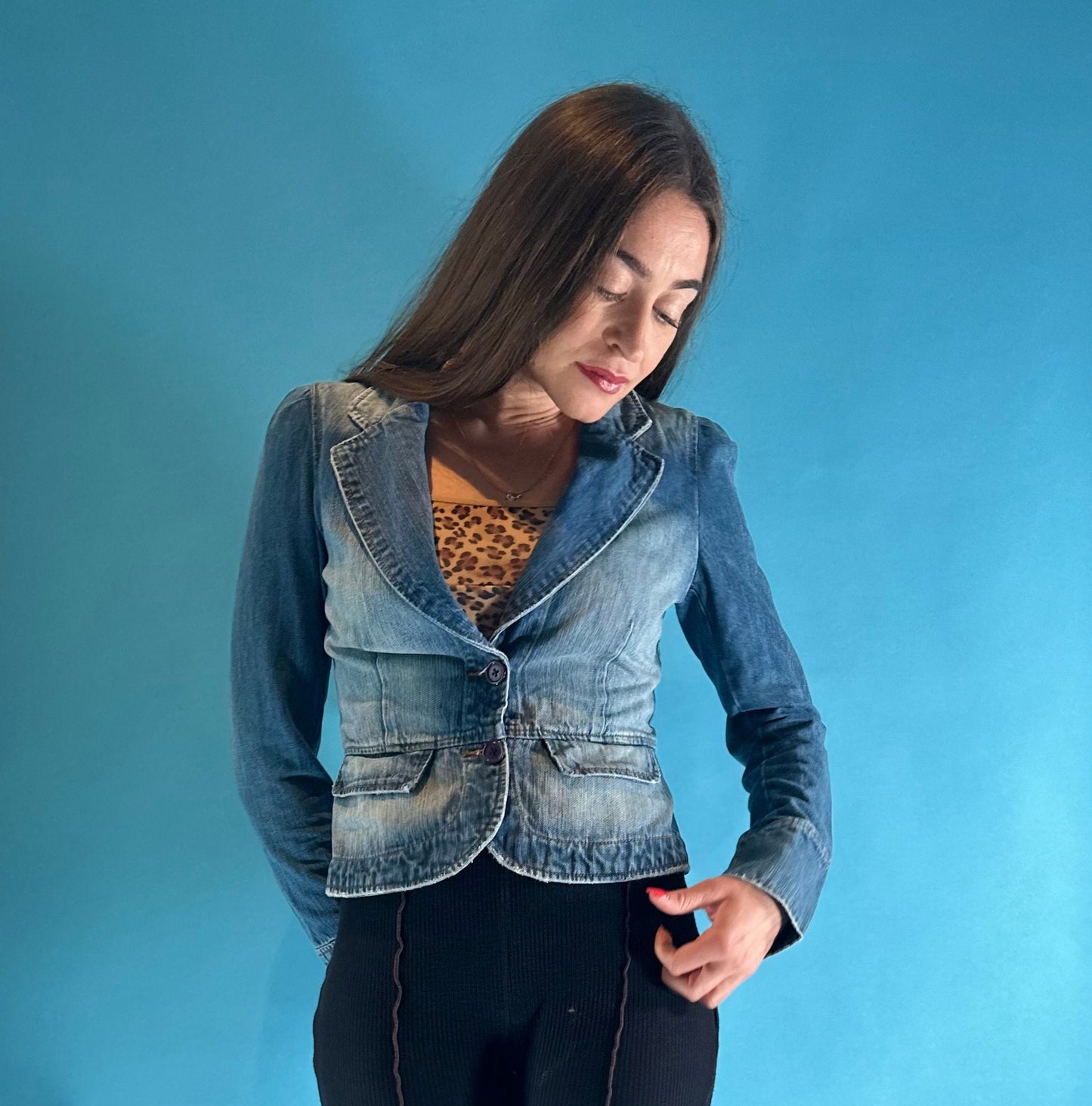 Vintage Y2K 2000s Washed Denim Tailored Cropped Blazer Jacket.