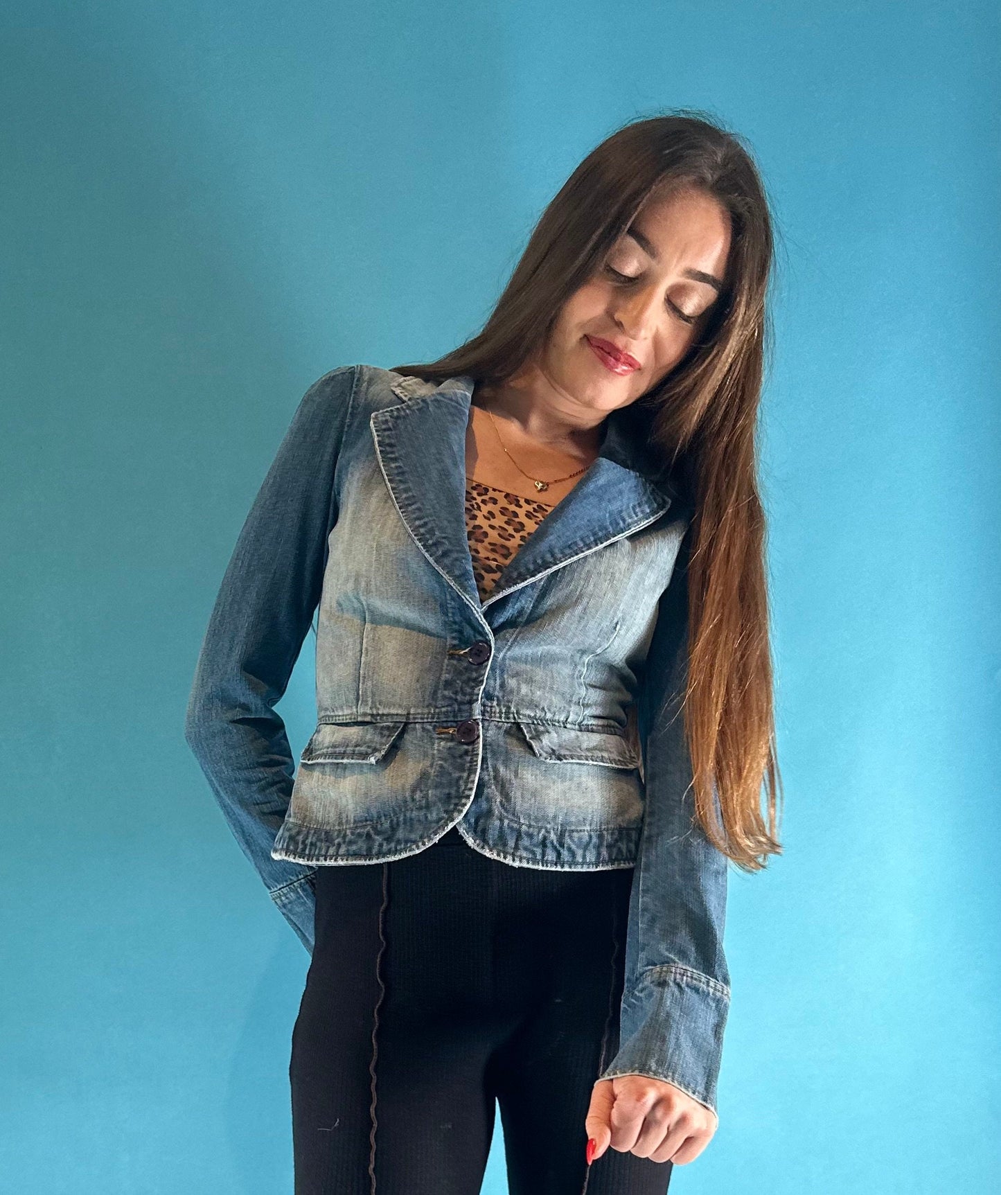 Vintage Y2K 2000s Washed Denim Tailored Cropped Blazer Jacket.