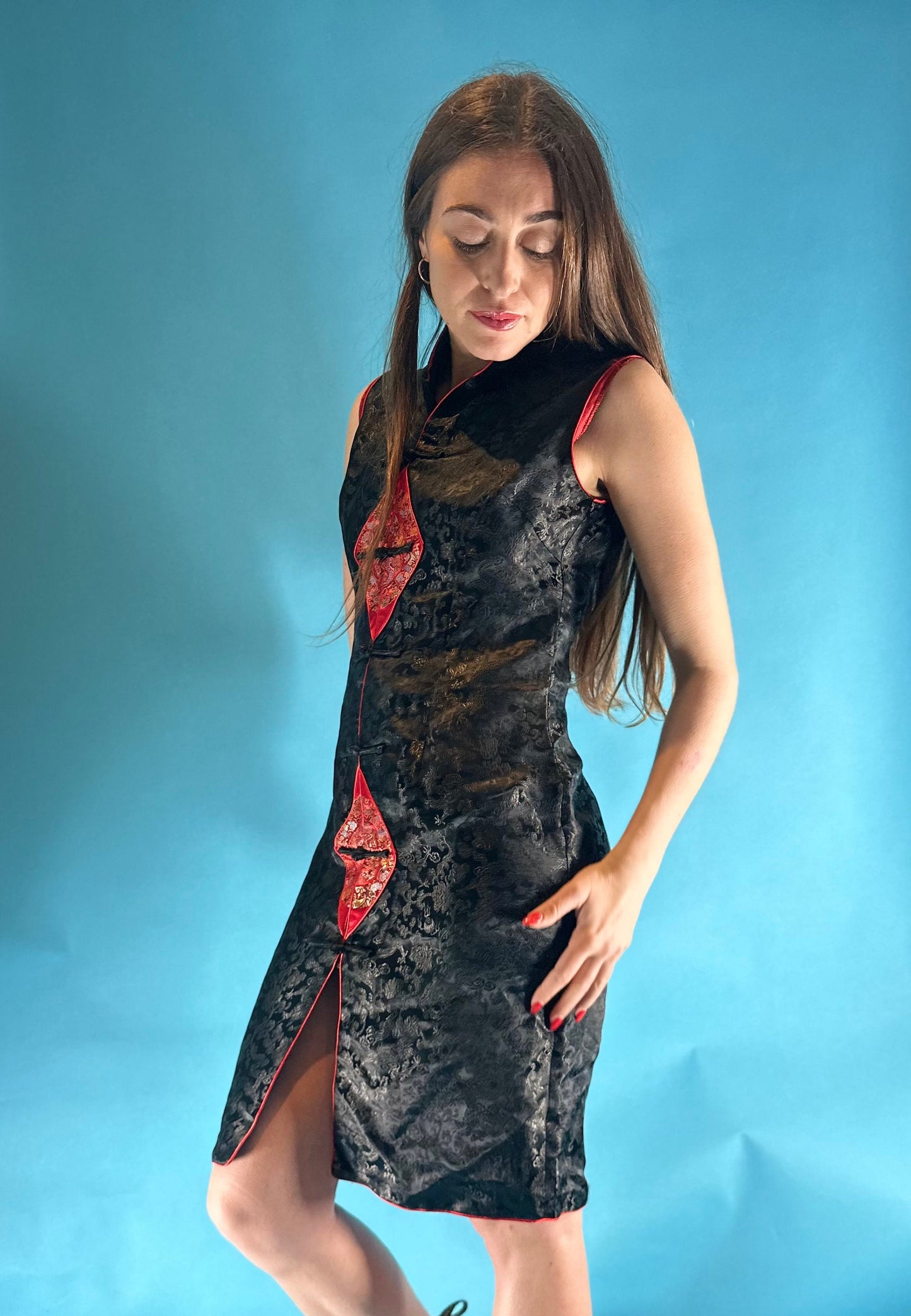 Vintage 1990s Black Satin Jacquard Chinese Style Mid Length Sleeveless Dress.