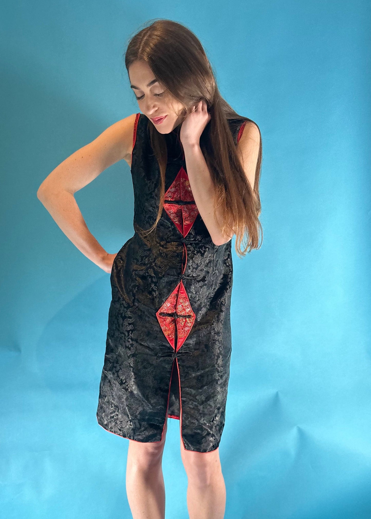 Vintage 1990s Black Satin Jacquard Chinese Style Mid Length Sleeveless Dress.