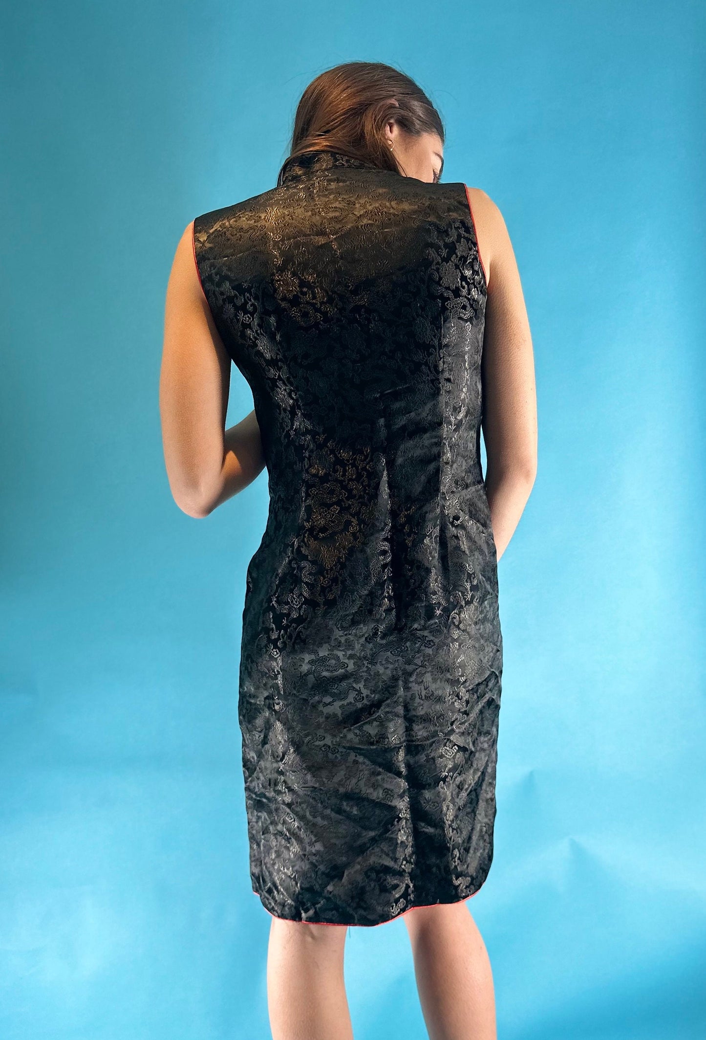 Vintage 1990s Black Satin Jacquard Chinese Style Mid Length Sleeveless Dress.