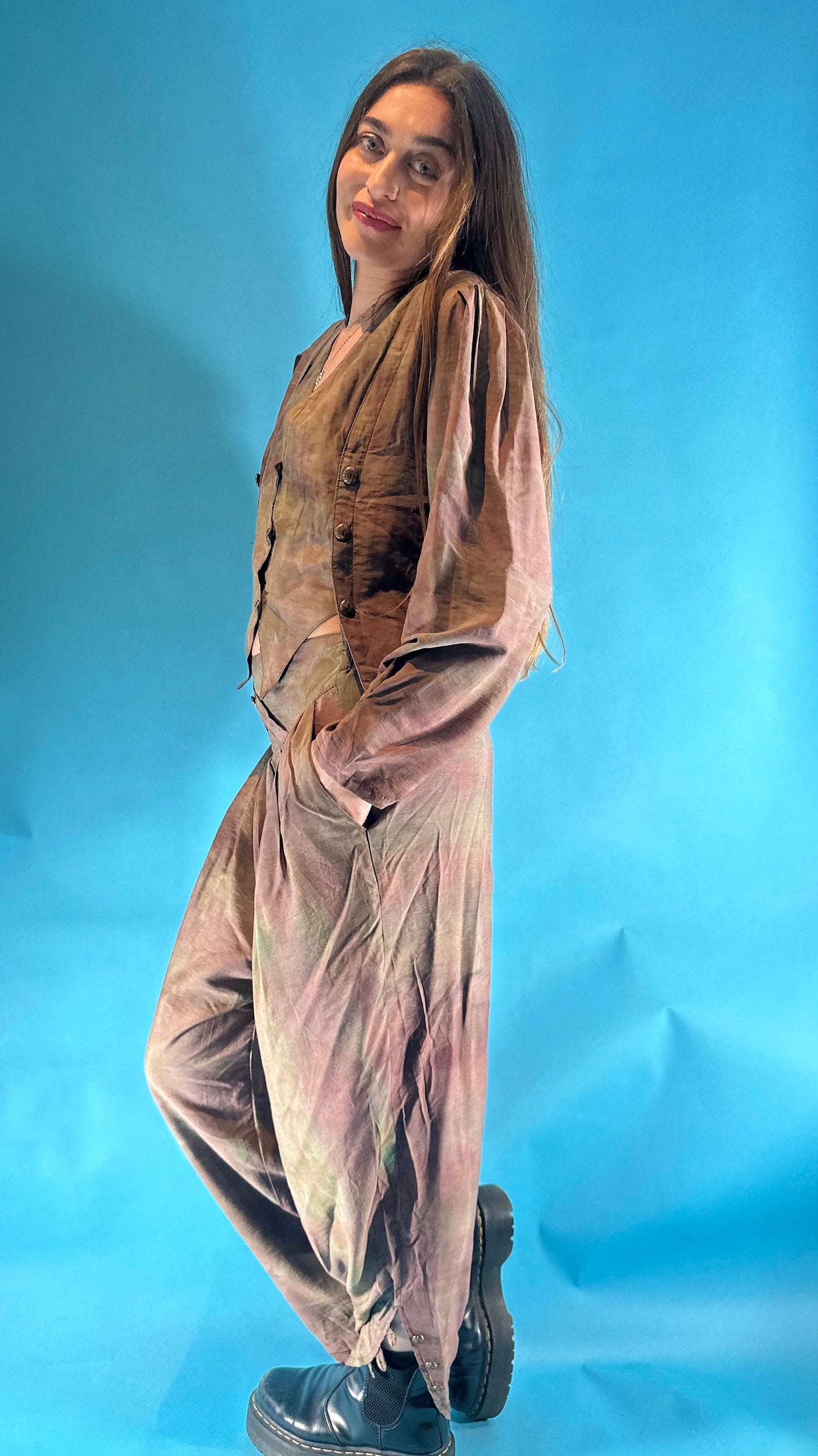 Vintage 1980s Tie Dye Style 2 Piece Blouse Trouser Set Co-ord.