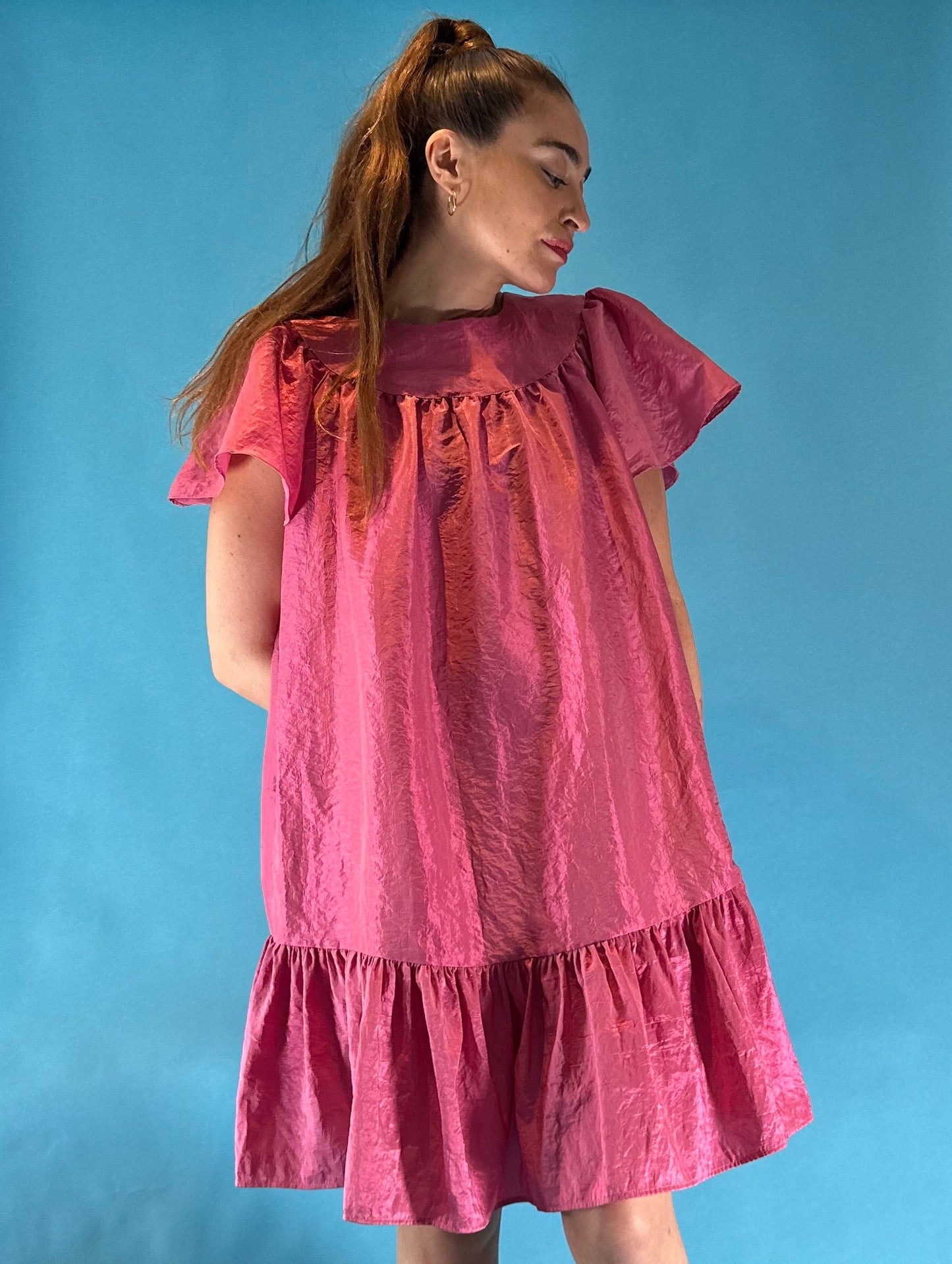 Vintage Y2K Hot Pink Frilly Taffeta Babydoll Dress.