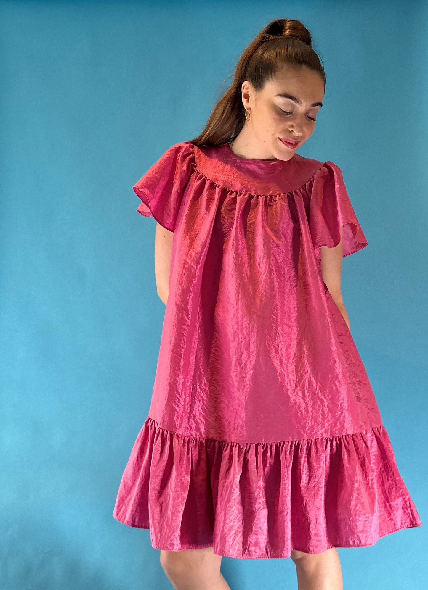 Vintage Y2K Hot Pink Frilly Taffeta Babydoll Dress.