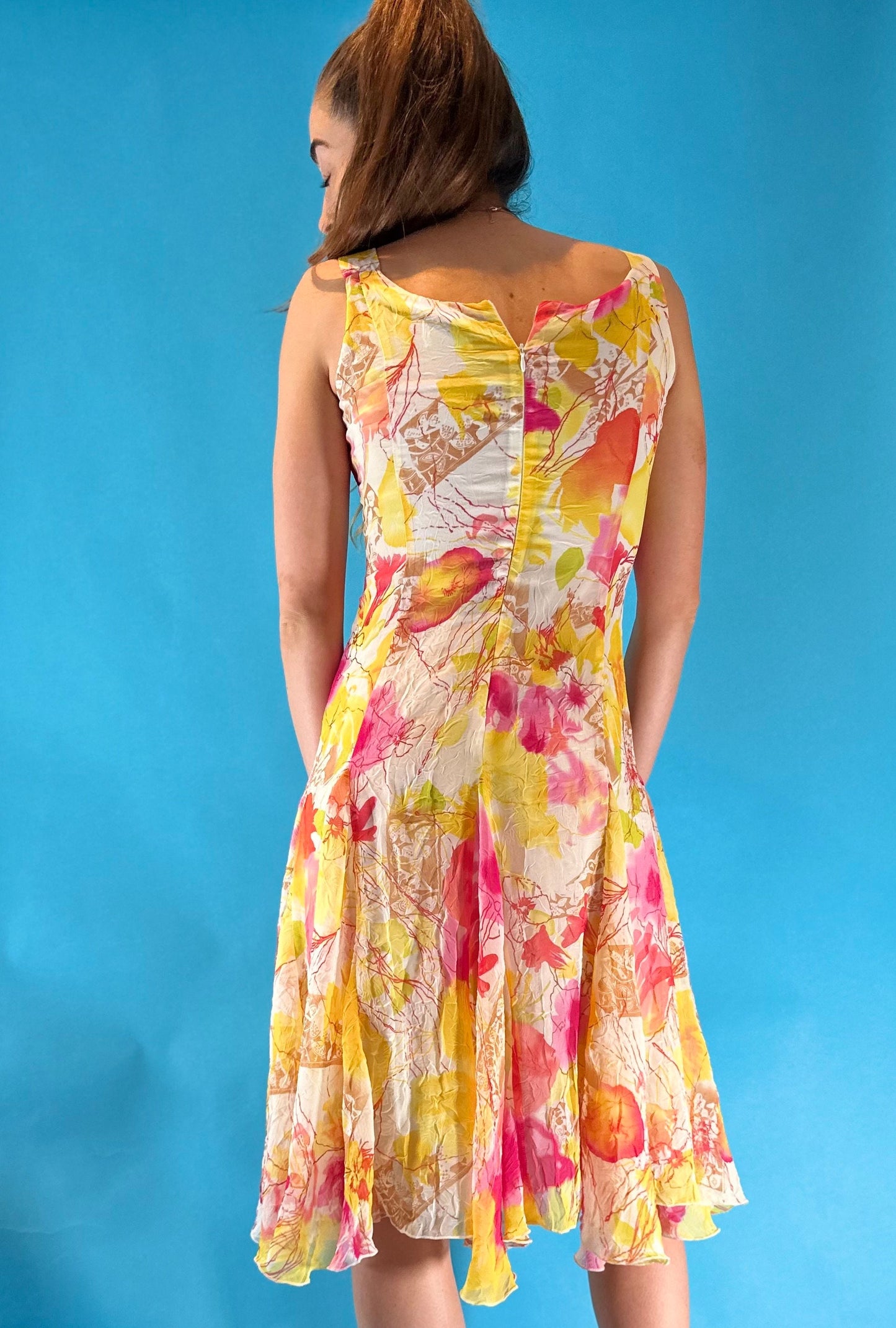 Vintage 1980s Yellow Pink Floral Abstract Dress Waterfall Skirt.