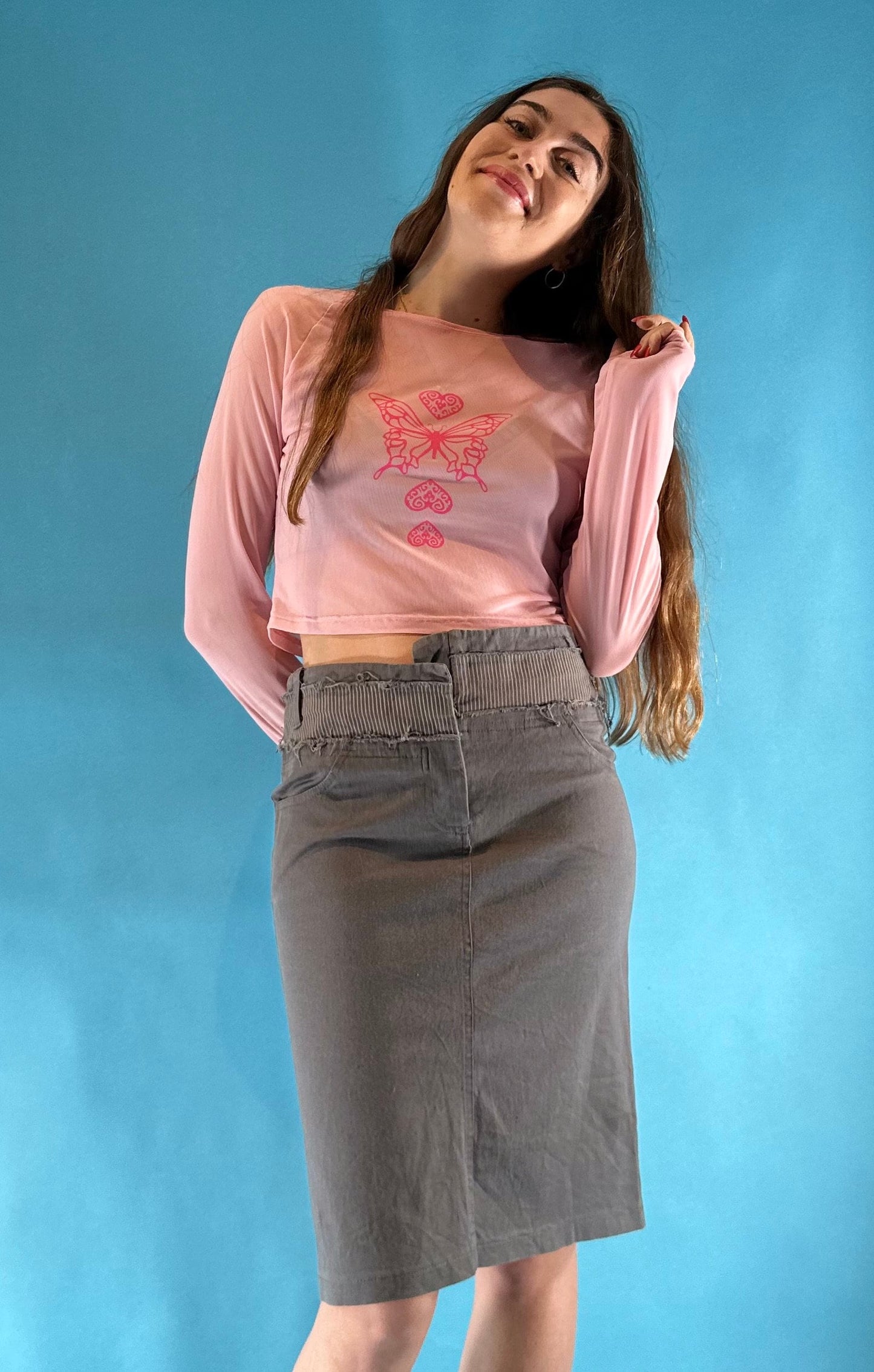Vintage 1990s Grey Denim Pencil Midi Skirt.