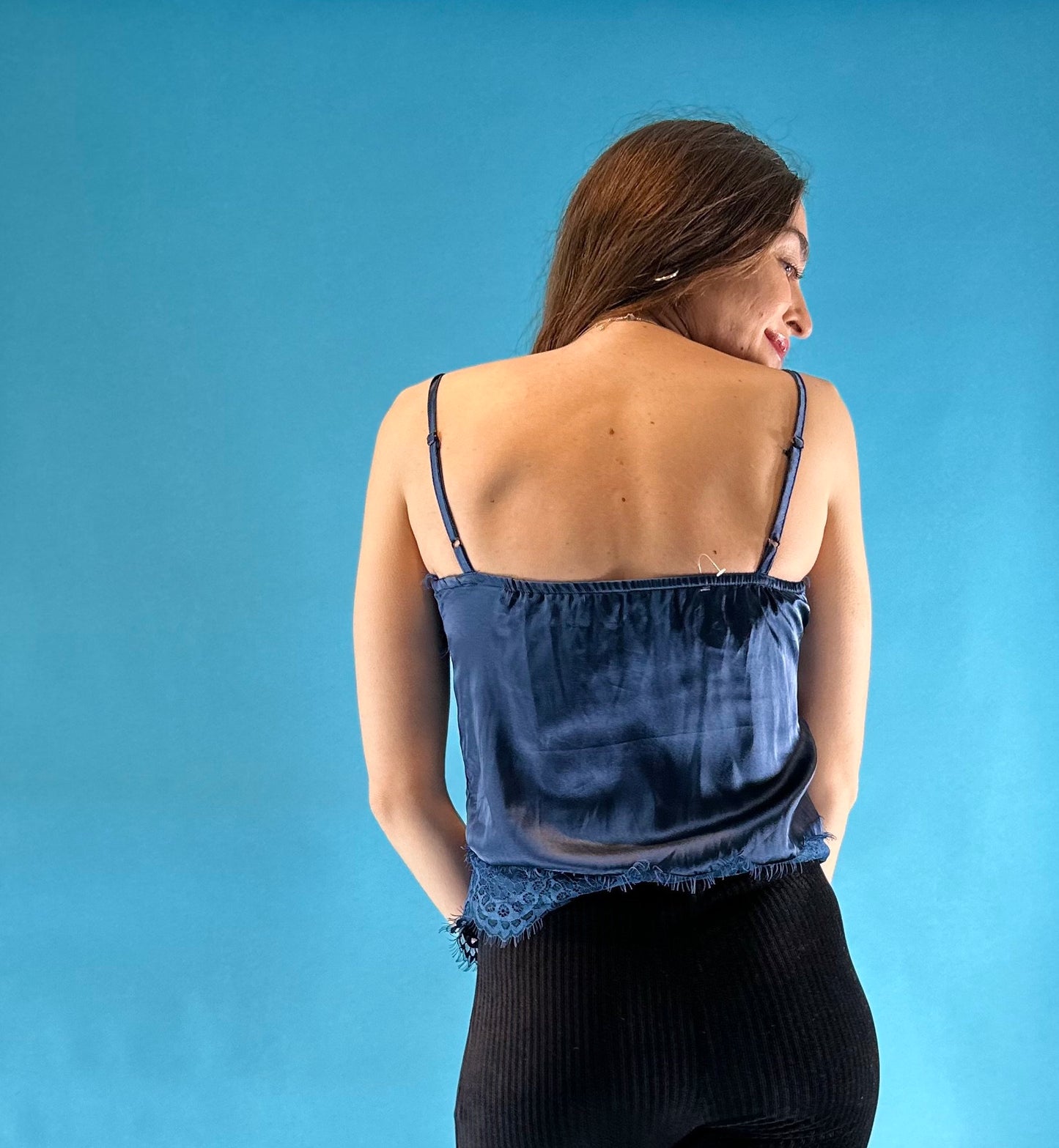 Vintage Y2K Navy Blue Satin Cami Slip Top with Lace Trim.