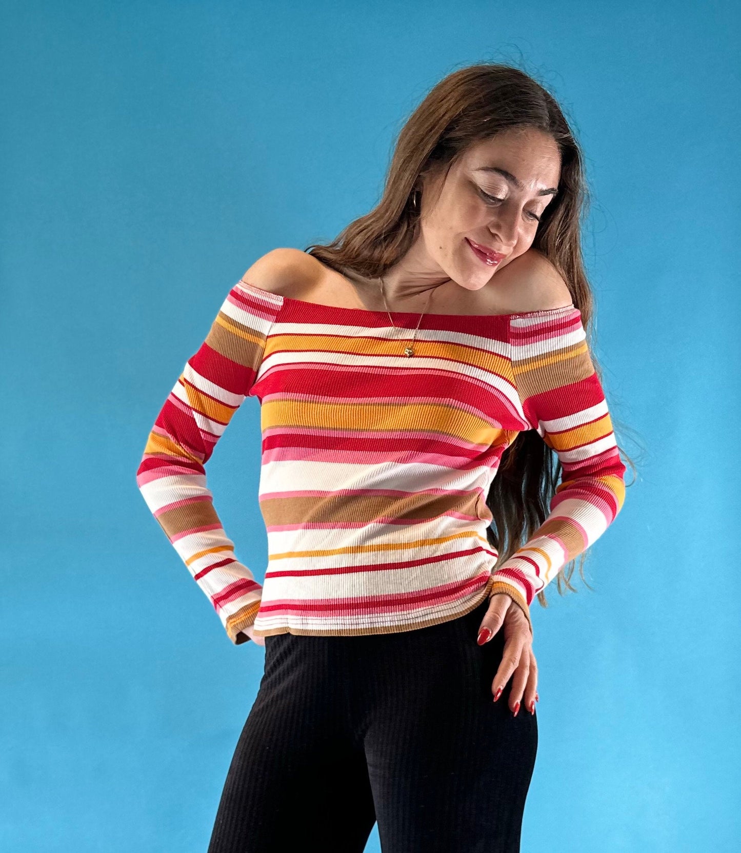 Vintage Y2K 2000s Off The Shoulder Red White Ribbed Long Sleeve Striped Top.