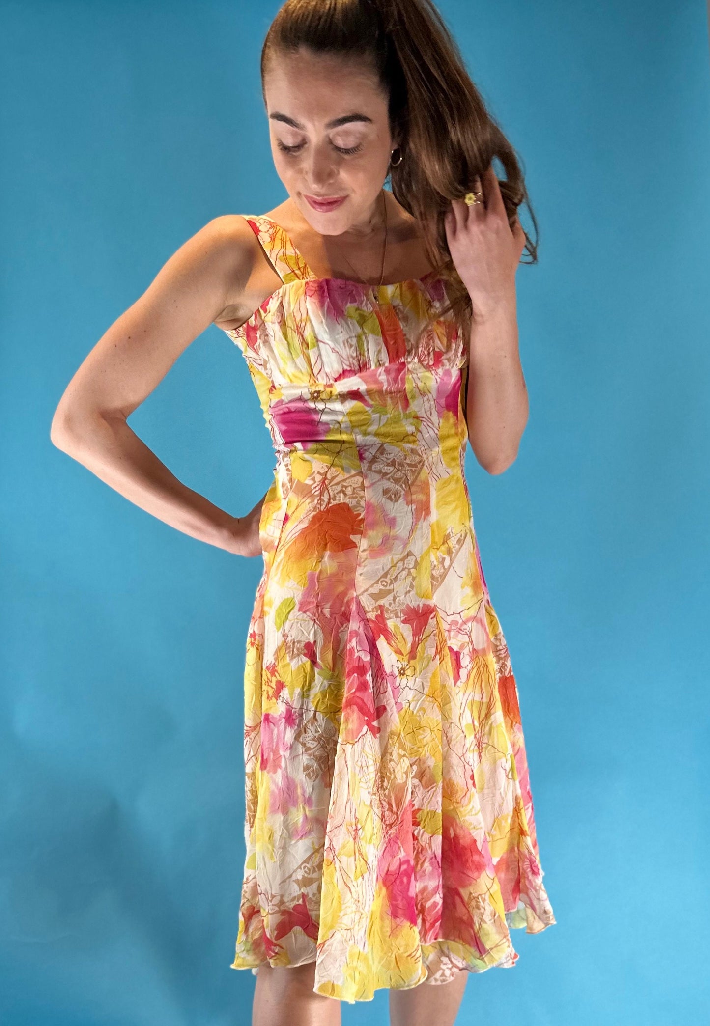 Vintage 1980s Yellow Pink Floral Abstract Dress Waterfall Skirt.