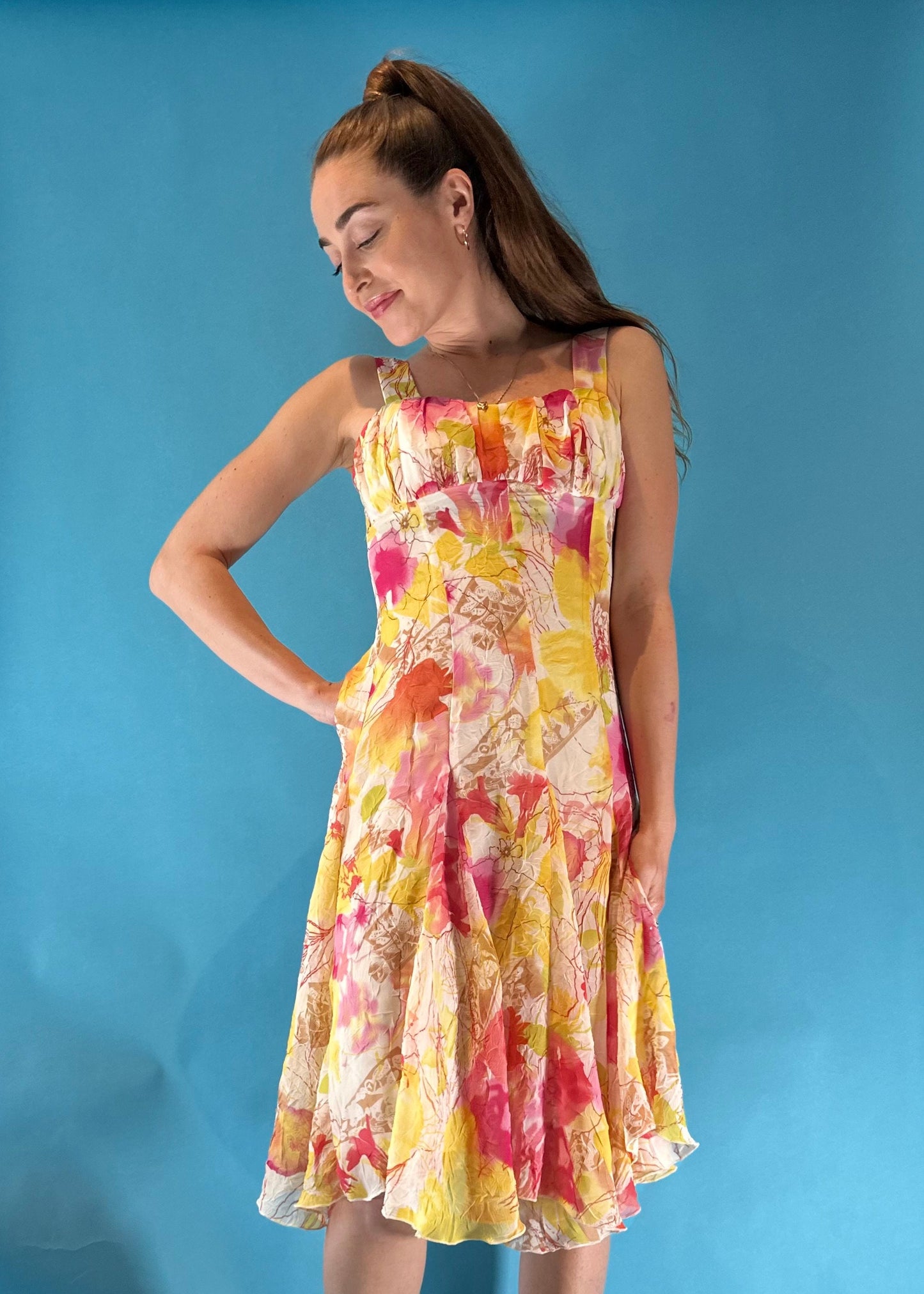 Vintage 1980s Yellow Pink Floral Abstract Dress Waterfall Skirt.