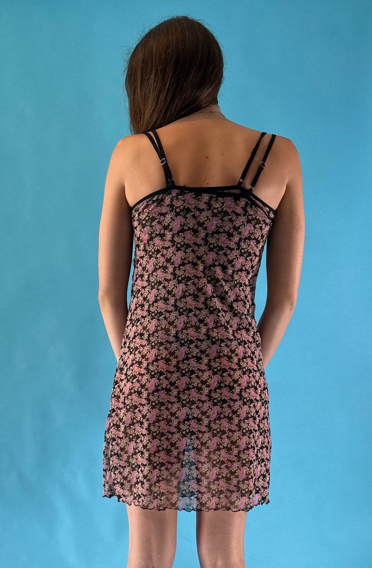 Vintage Y2K 2000s Rose Print Mesh Mini Dress with cami top.