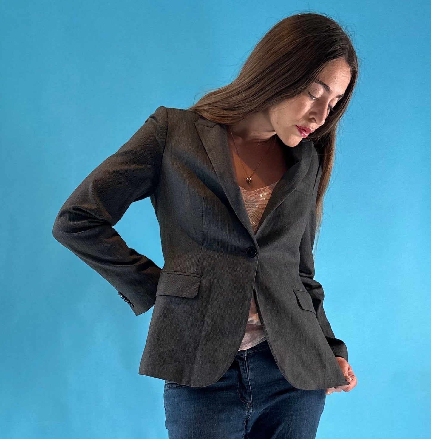 Vintage Y2K 2000s Dark Grey Pinstripe Cropped Blazer Jacket.