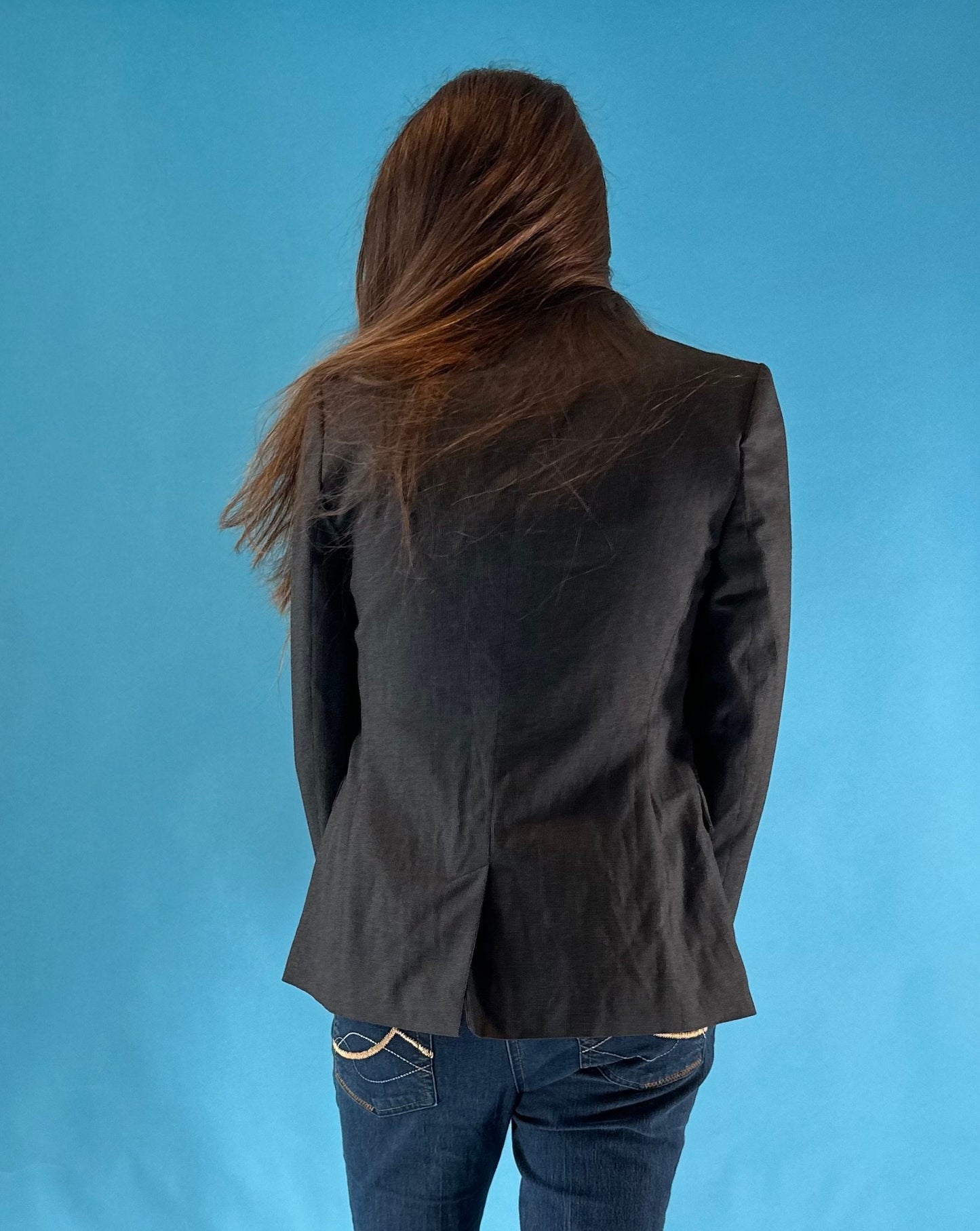 Vintage Y2K 2000s Dark Grey Pinstripe Cropped Blazer Jacket.