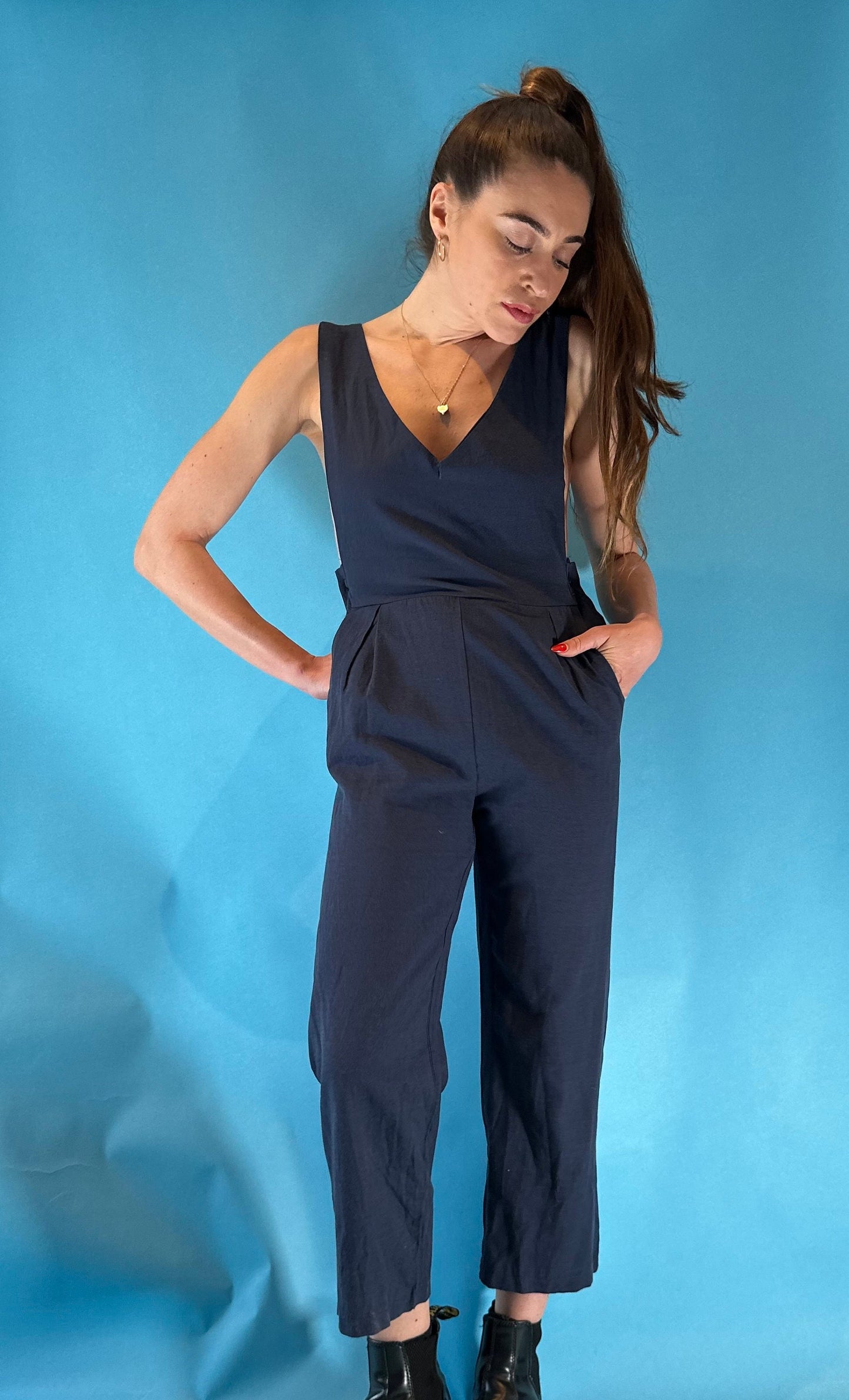 Vintage 1980s Navy V Neck Jumpsuit.