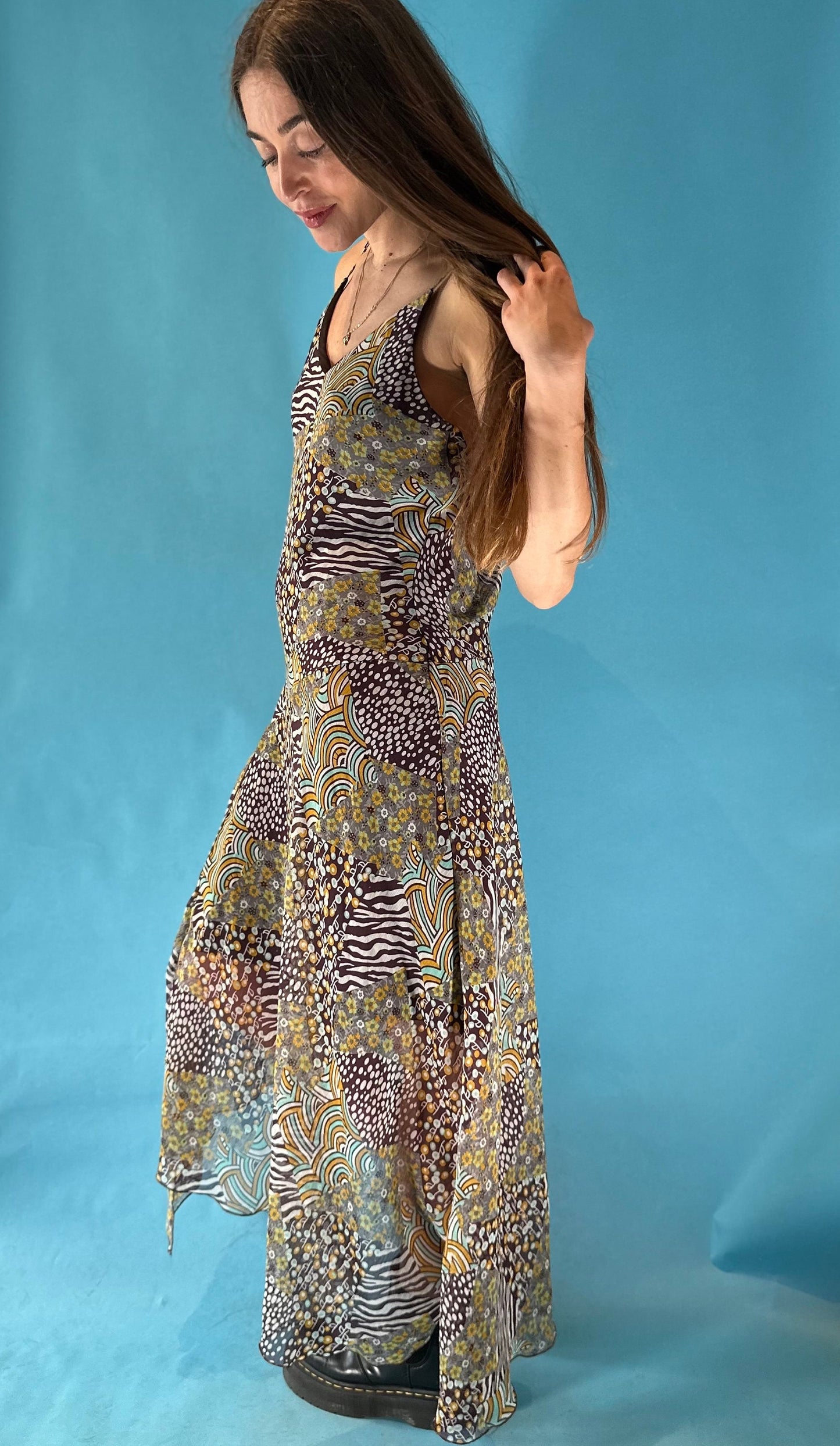 Vintage 2000s Y2K Mixed Animal Floral Print Asymmetric Hem Dress