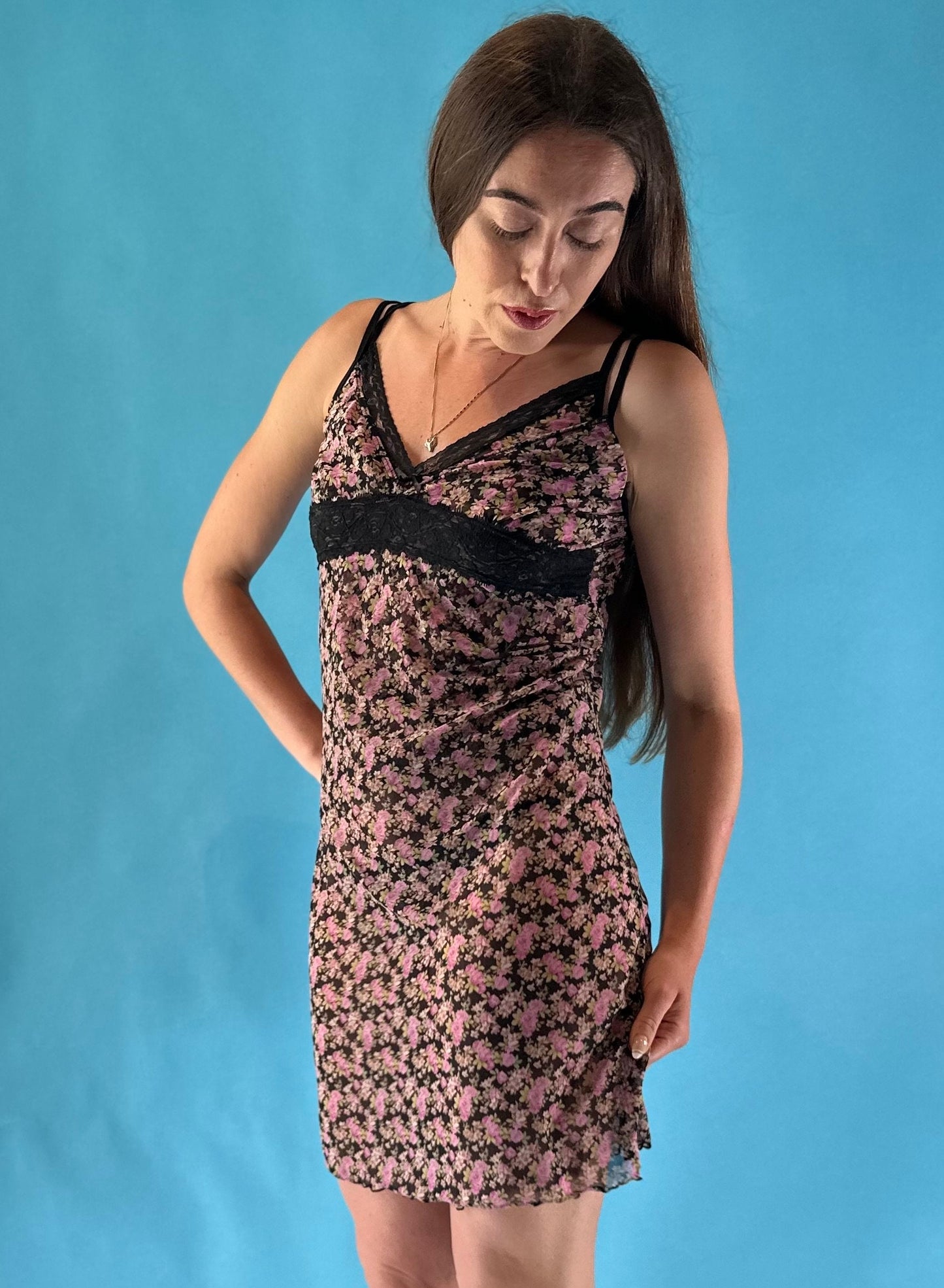 Vintage Y2K 2000s Rose Print Mesh Mini Dress with cami top.