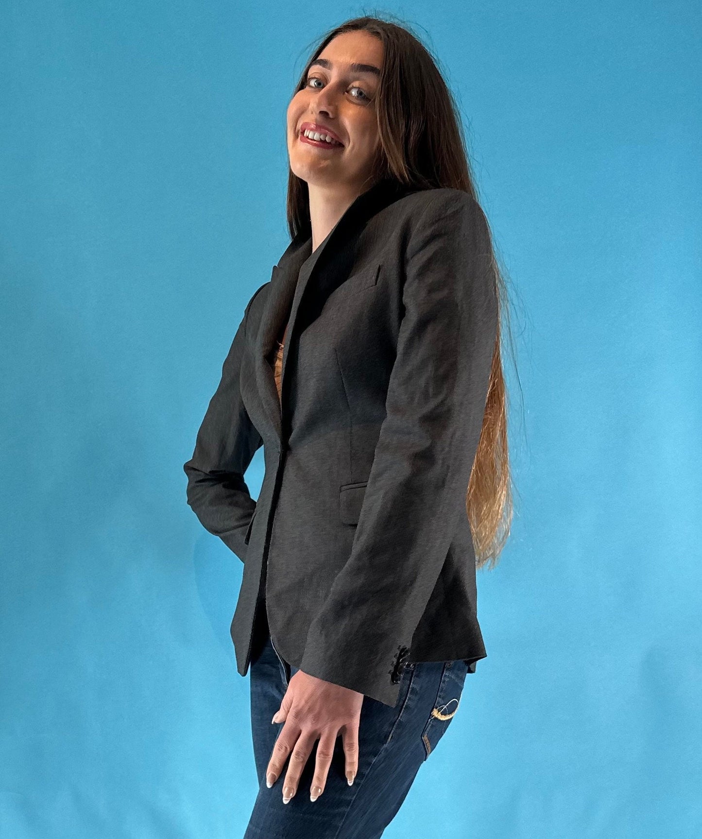 Vintage Y2K 2000s Dark Grey Pinstripe Cropped Blazer Jacket.