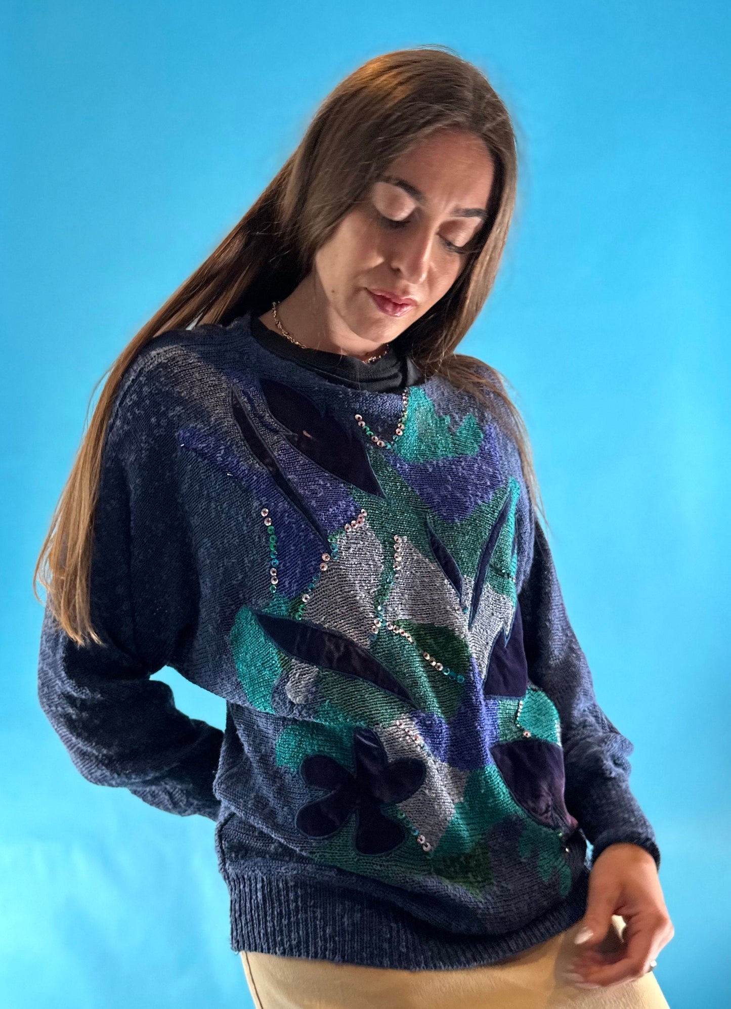 Vintage 1980s Knitted Blue Abstract Pattern Jumper.