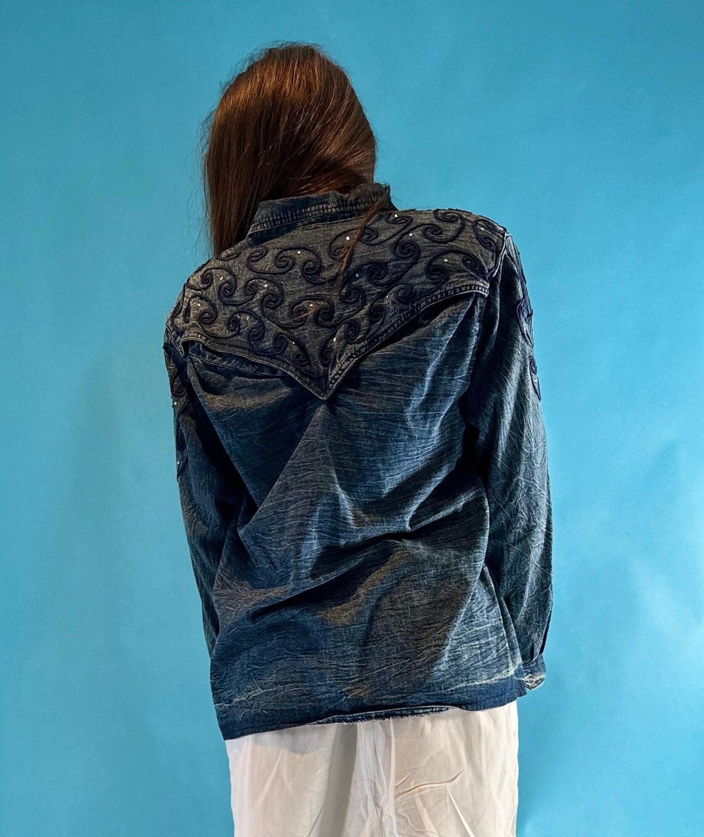 Denim Top 80s Style with Piped Yoke Details S M
