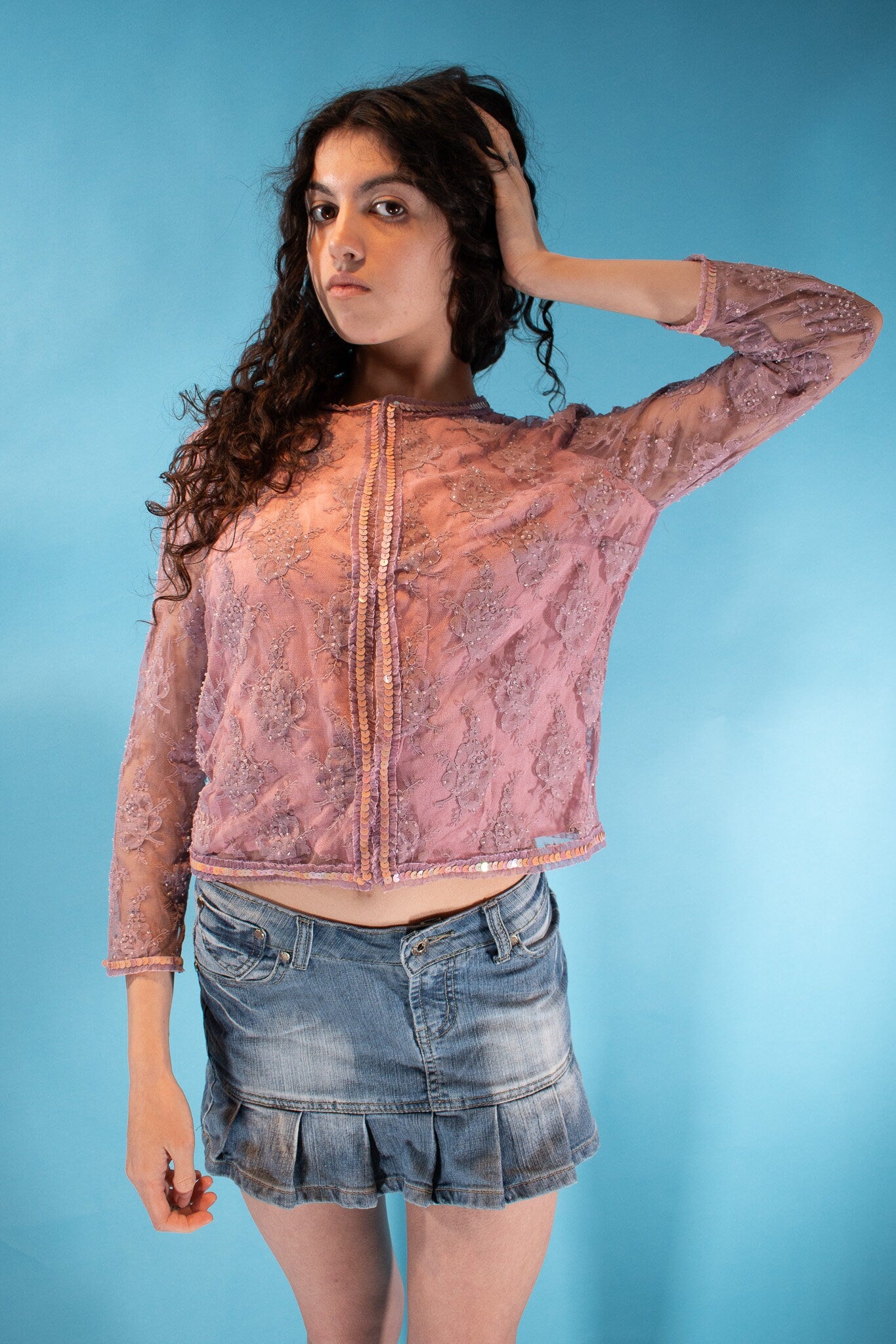 Vintage Y2K Size S/M Embellished Lace Sheer Sleeve Cardigan in Baby Pink.