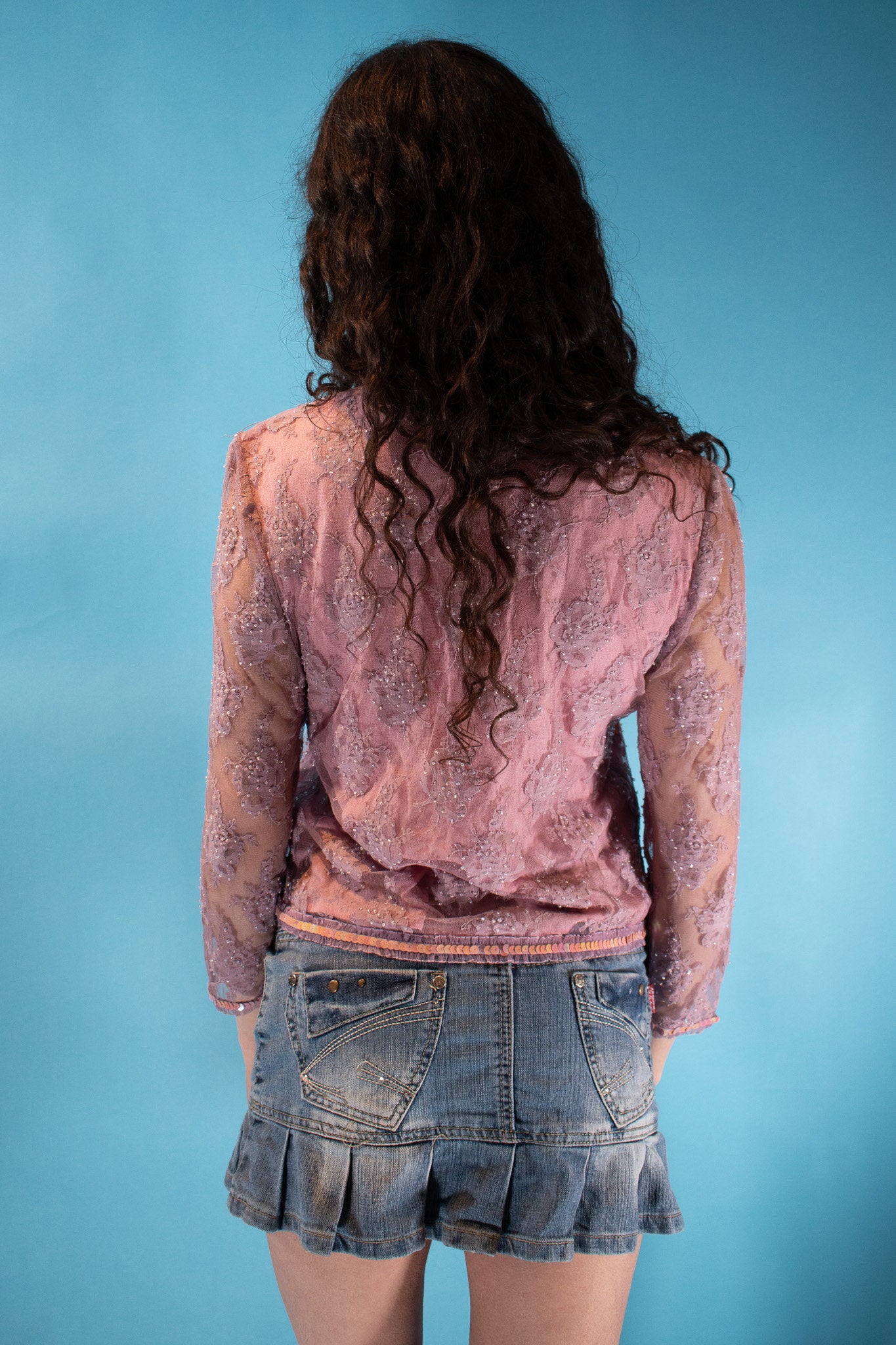 Vintage Y2K Size S/M Embellished Lace Sheer Sleeve Cardigan in Baby Pink.