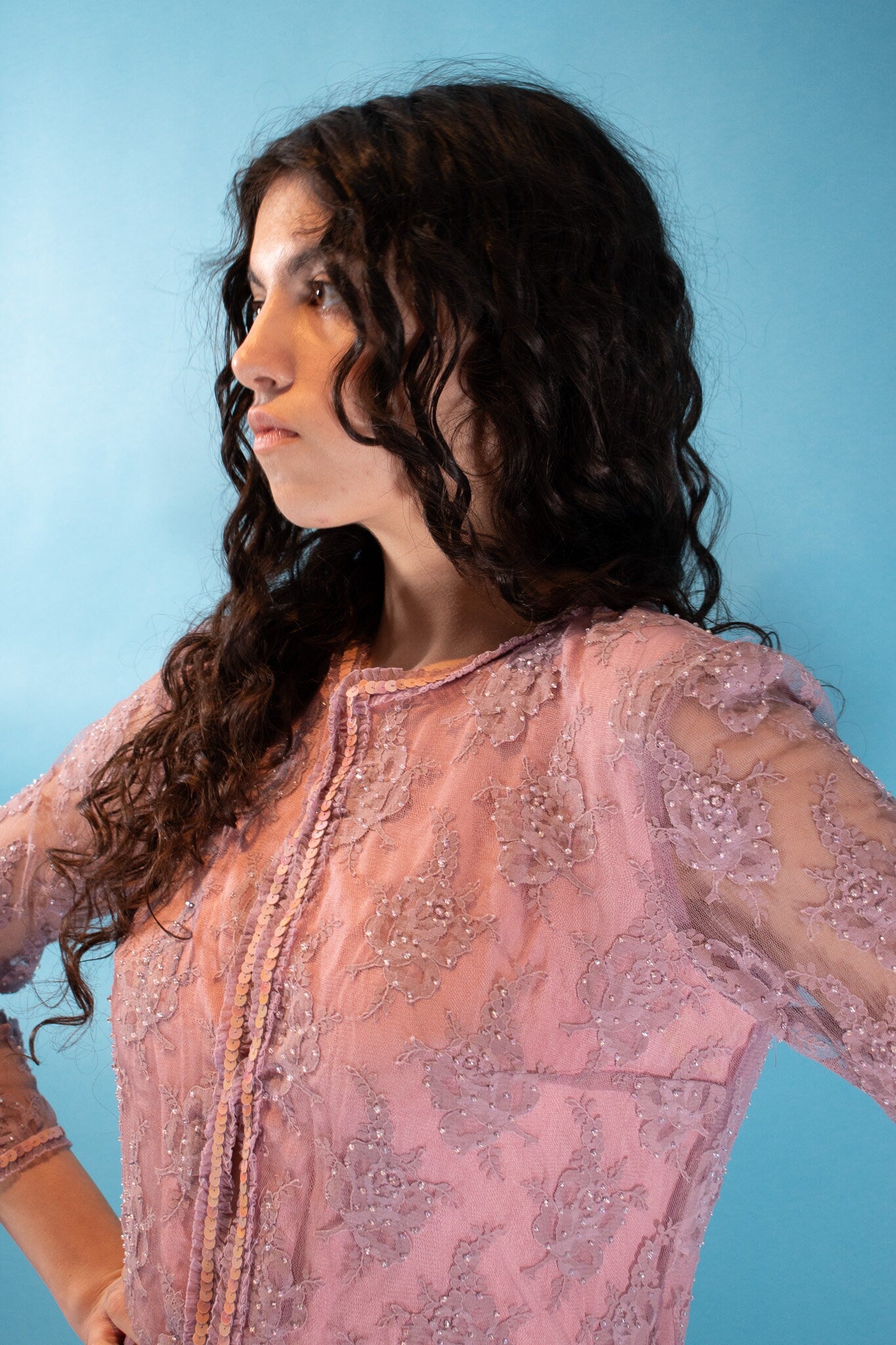 Vintage Y2K Size S/M Embellished Lace Sheer Sleeve Cardigan in Baby Pink.