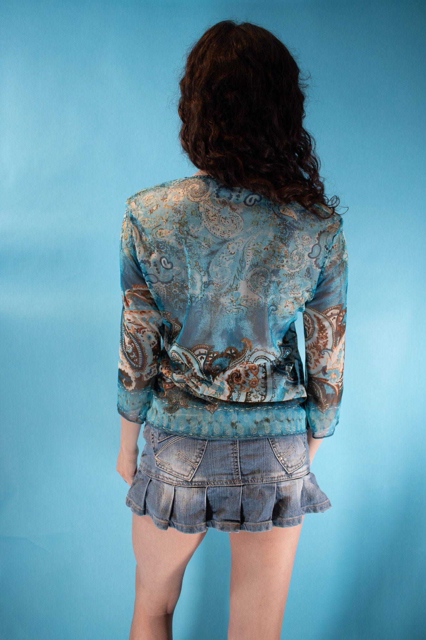 Vintage Y2K Size M Semi Sheer Paisley Printed Top in Blue and Multi Colour.