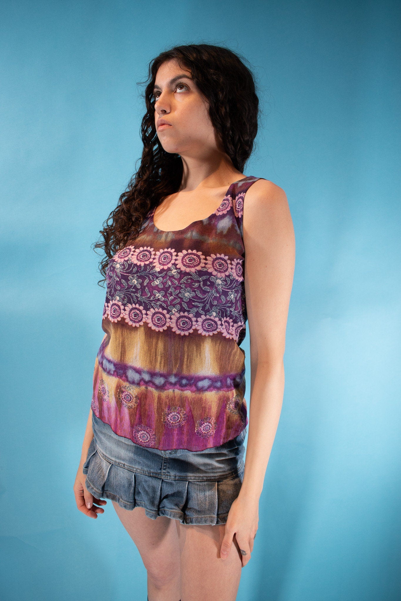 Vintage Size M/L Boho Multi Pattern Tank Top in Purple.