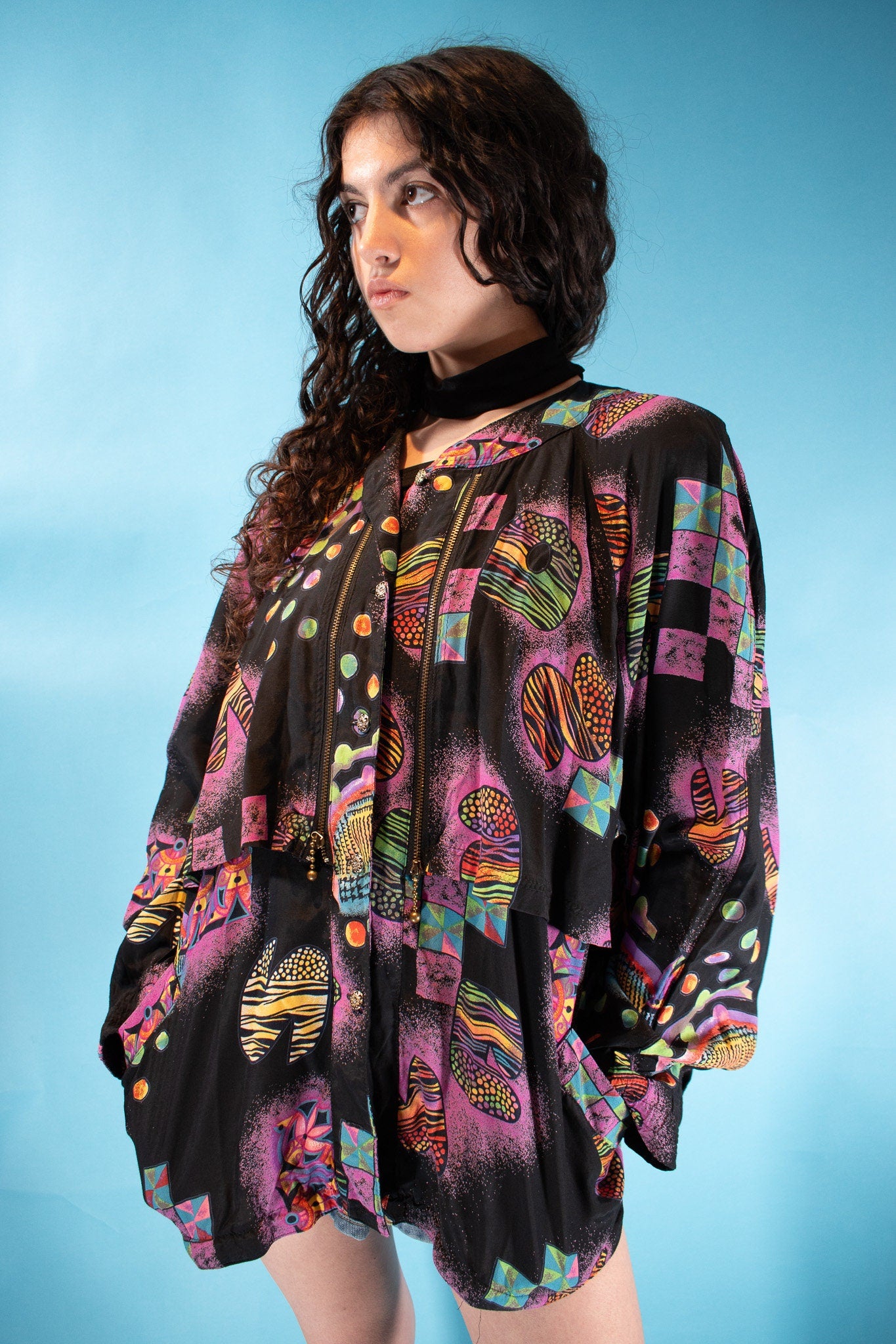 Vintage 1980s Size L Abstract Mixed Print Bomber Jacket in Black and Multi.