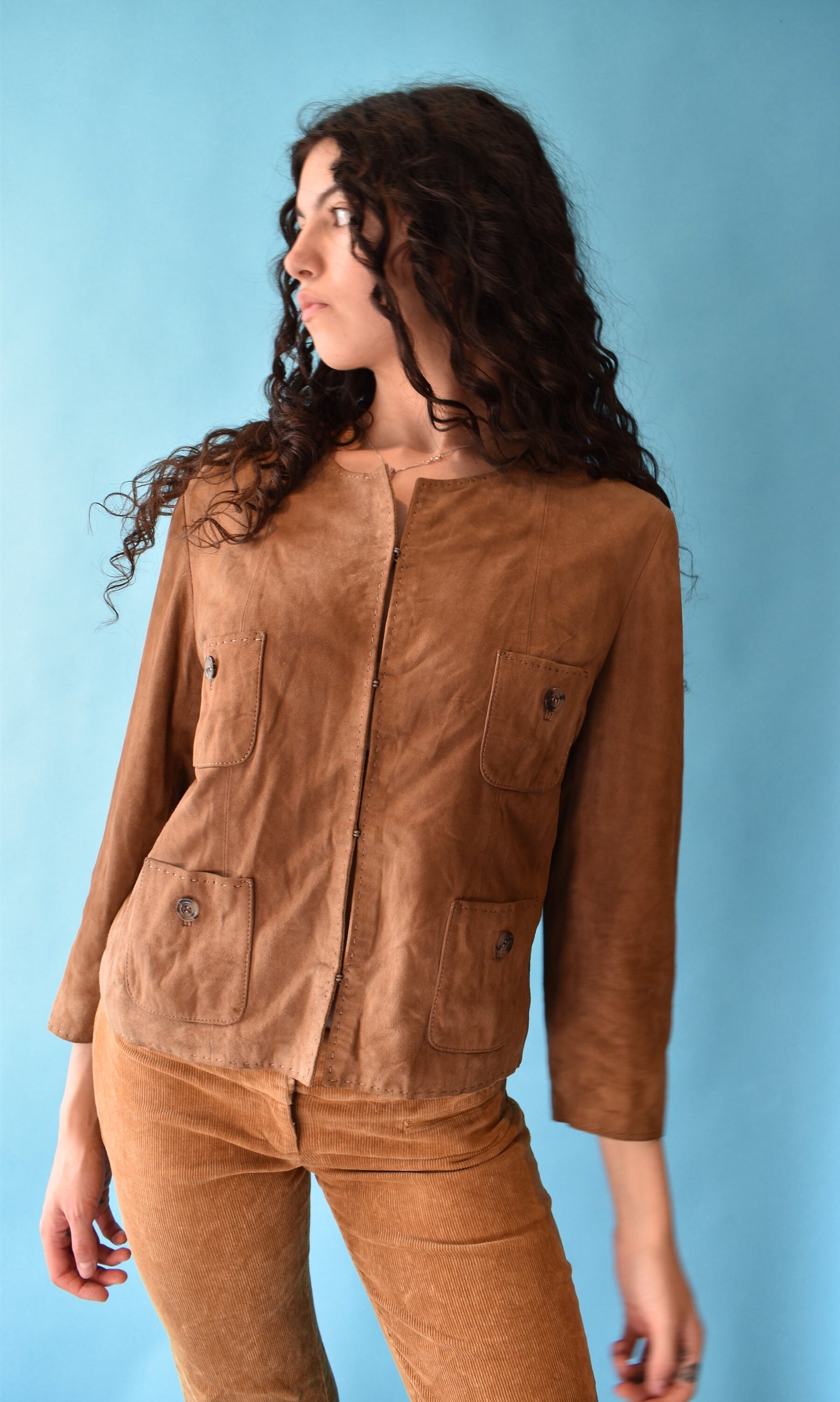 Vintage 1990s Size M Suede Boxy Jacket in Tan.