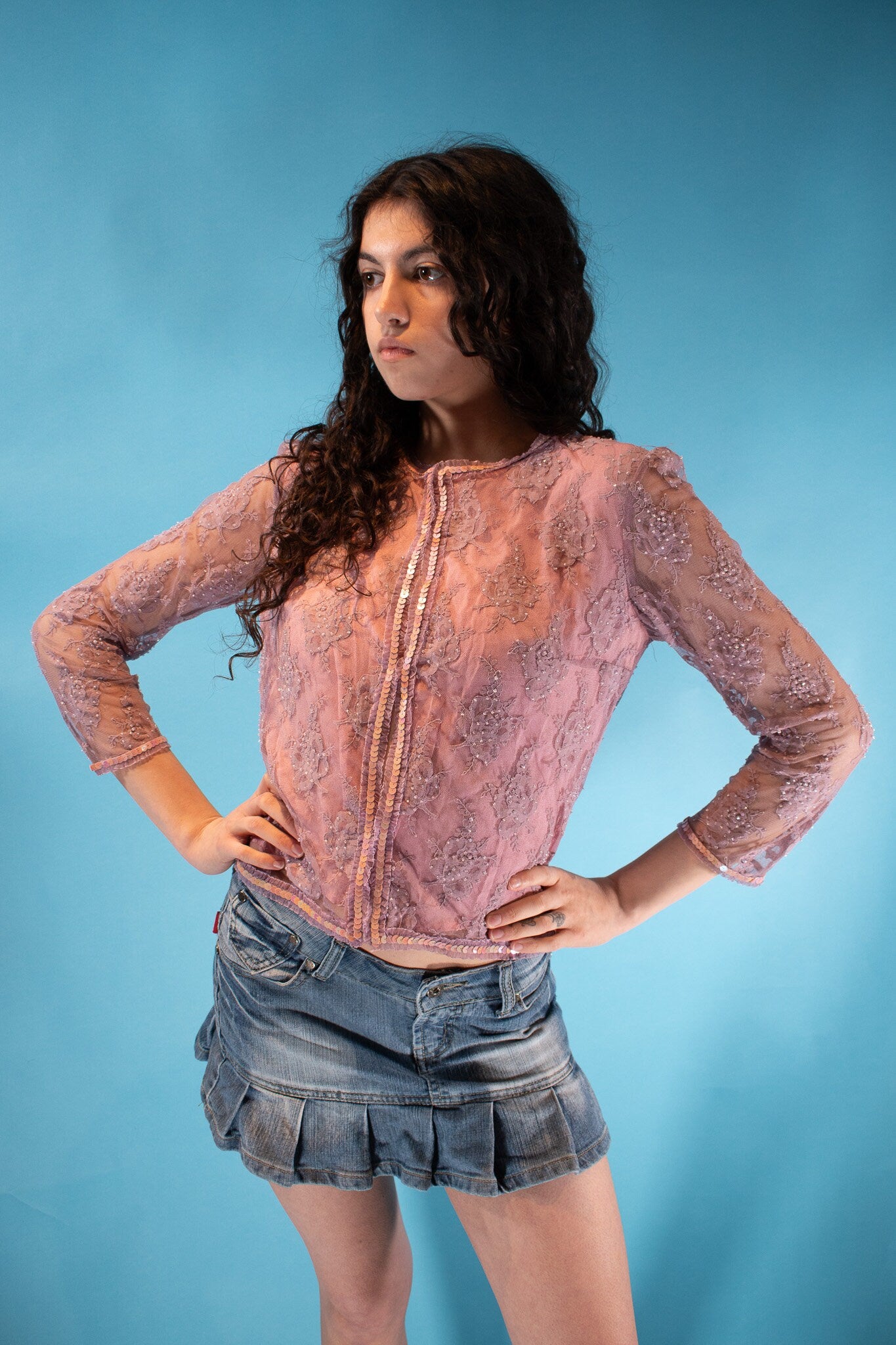 Vintage Y2K Size S/M Embellished Lace Sheer Sleeve Cardigan in Baby Pink.