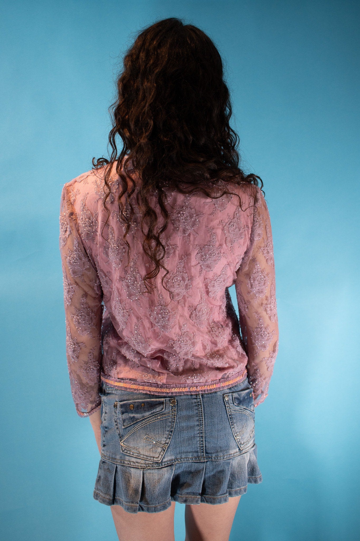 Vintage Y2K Size S/M Embellished Lace Sheer Sleeve Cardigan in Baby Pink.