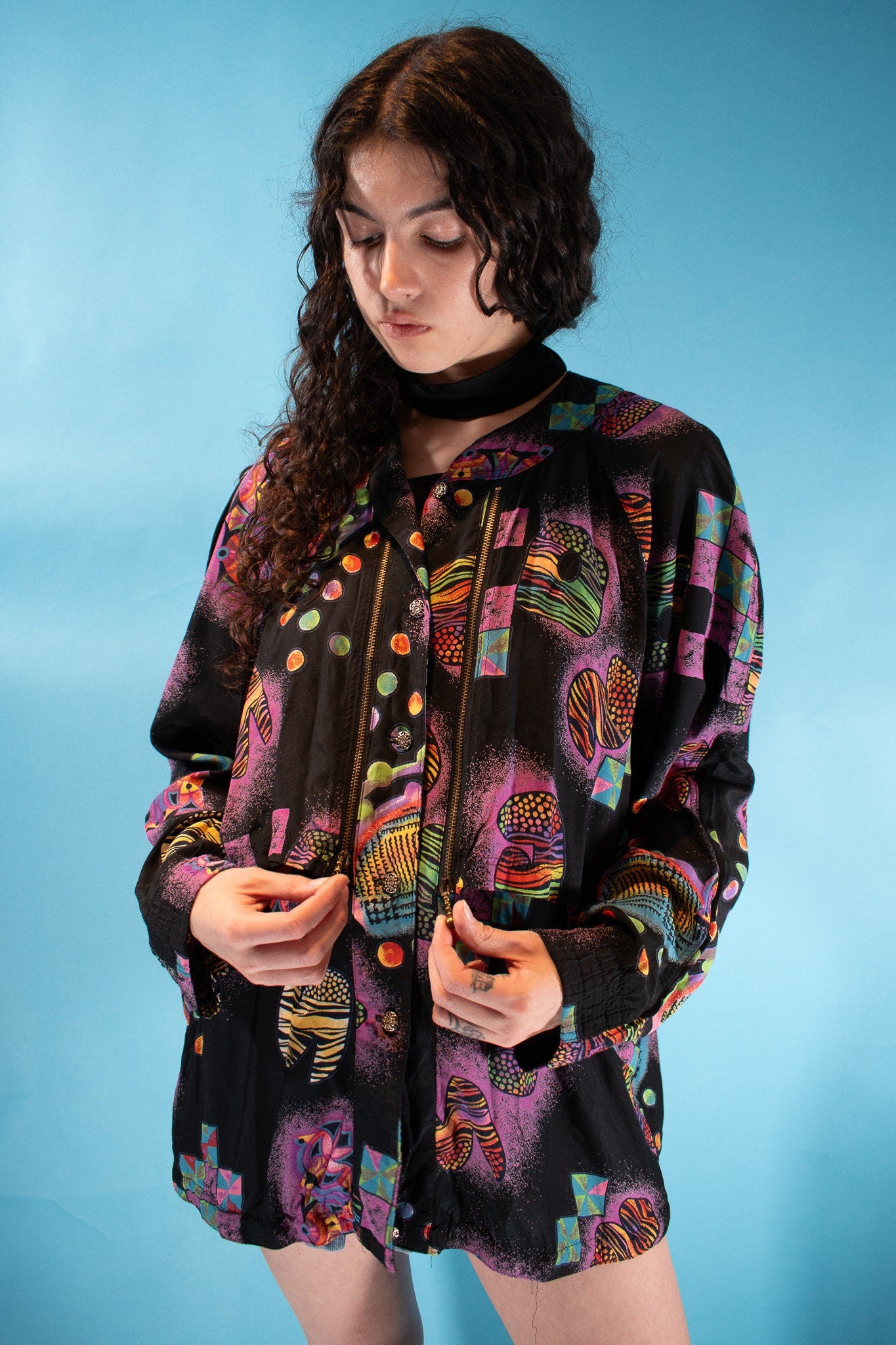 Vintage 1980s Size L Abstract Mixed Print Bomber Jacket in Black and Multi.