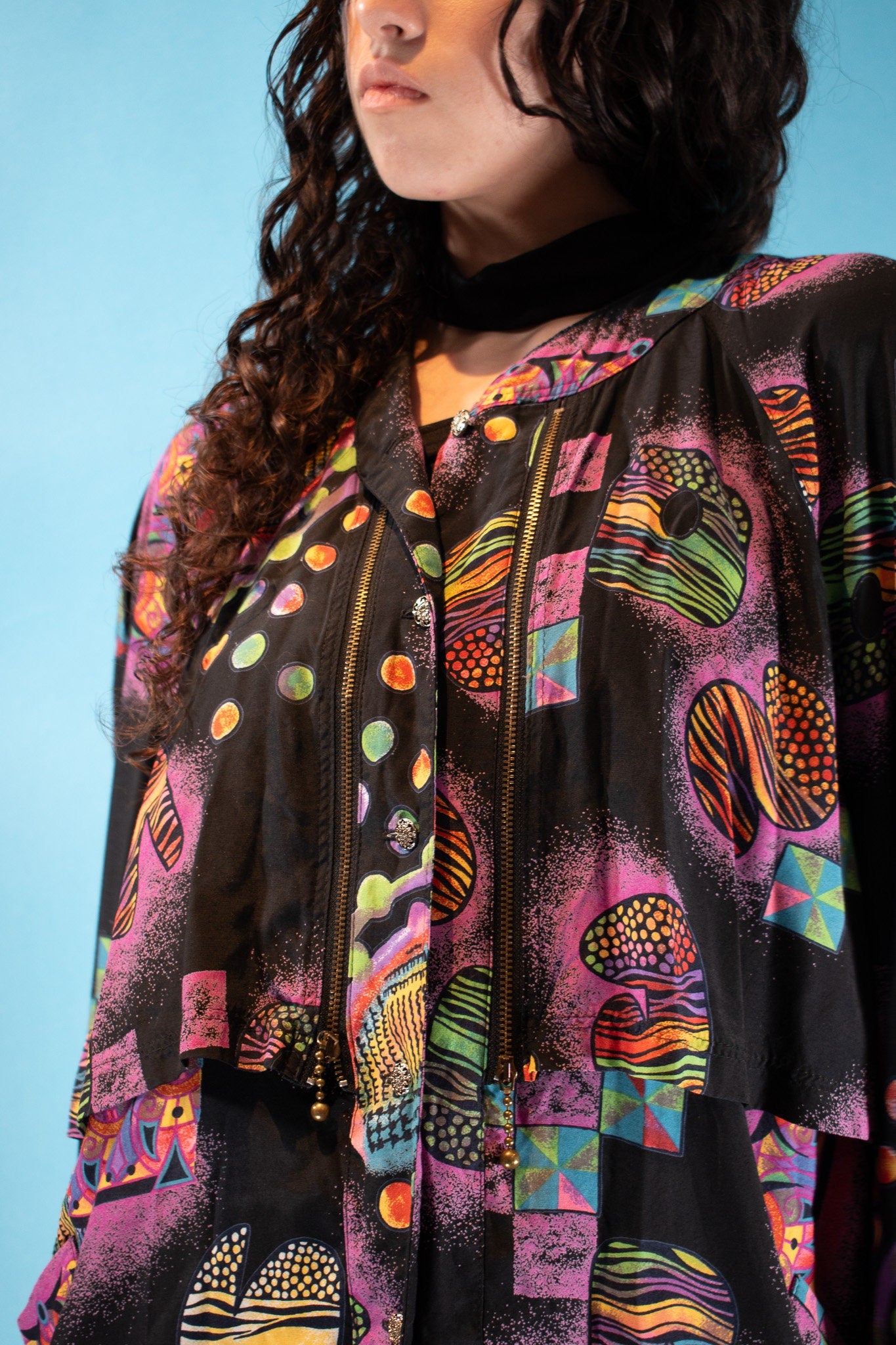 Vintage 1980s Size L Abstract Mixed Print Bomber Jacket in Black and Multi.