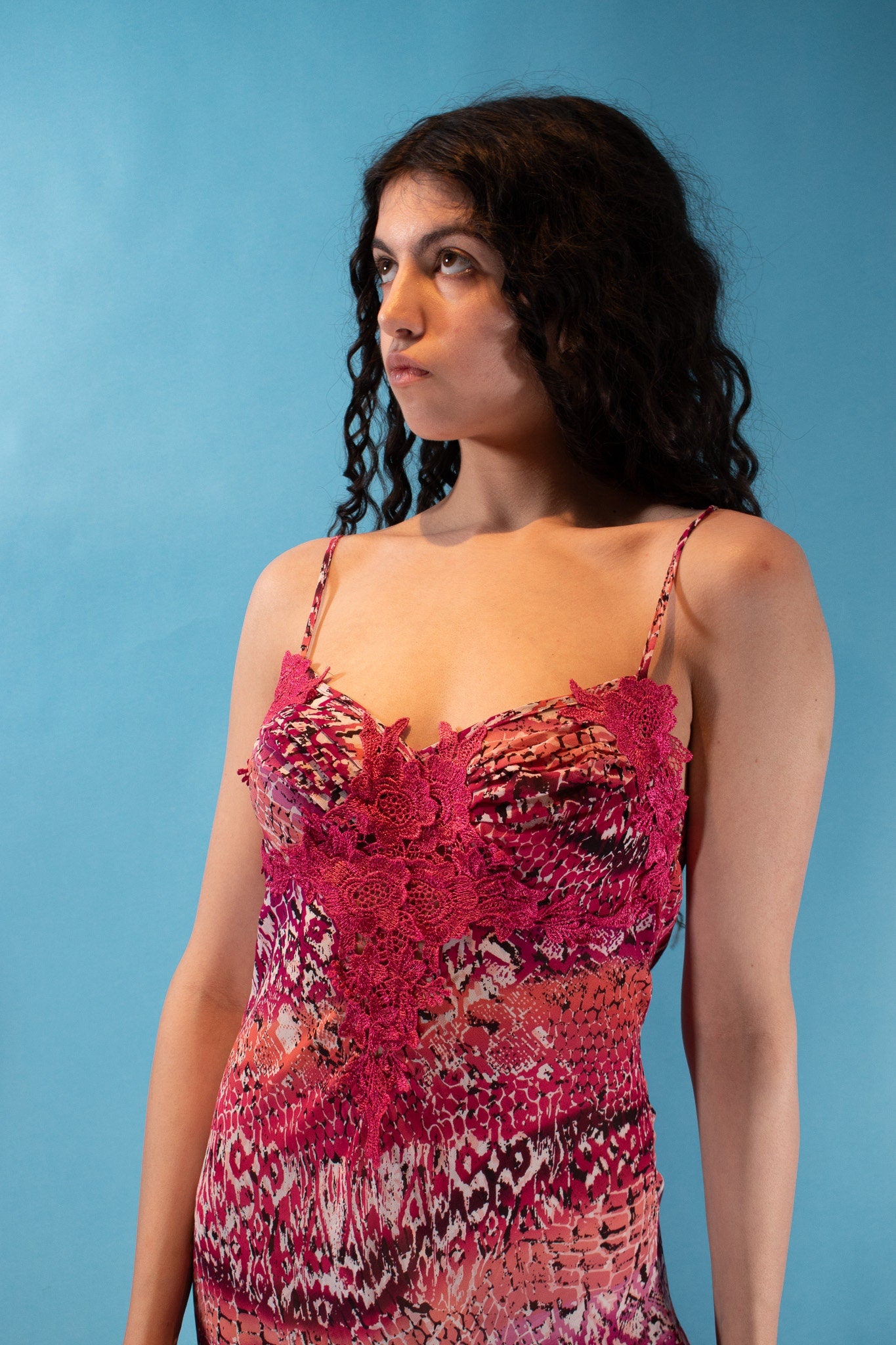 Vintage Y2K Size S 1990s Mixed Print Maxi Dress with Lace in Pink.