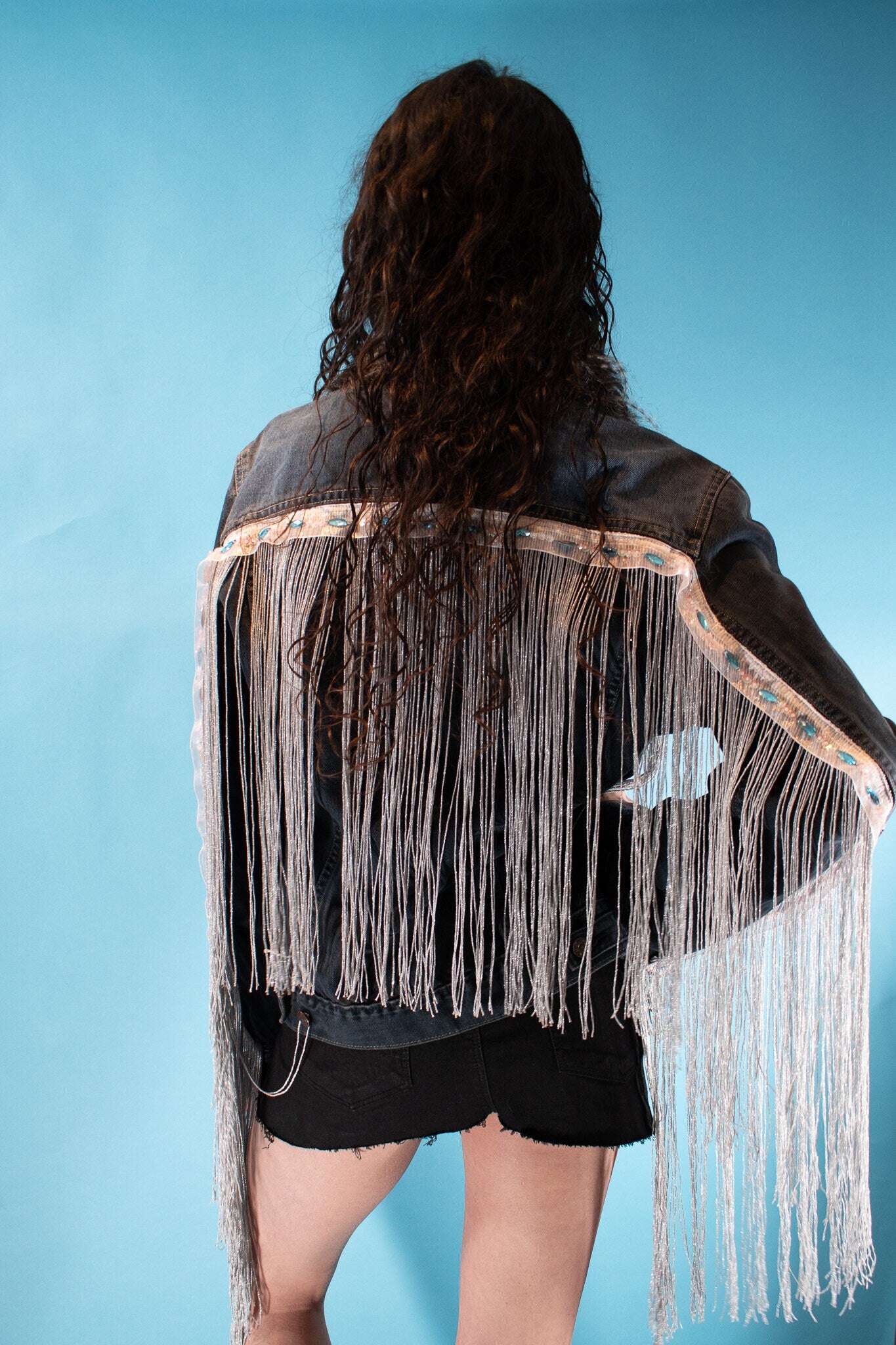 Vintage Reworked Levis Denim Dark Wash Jacket with Tassels.
