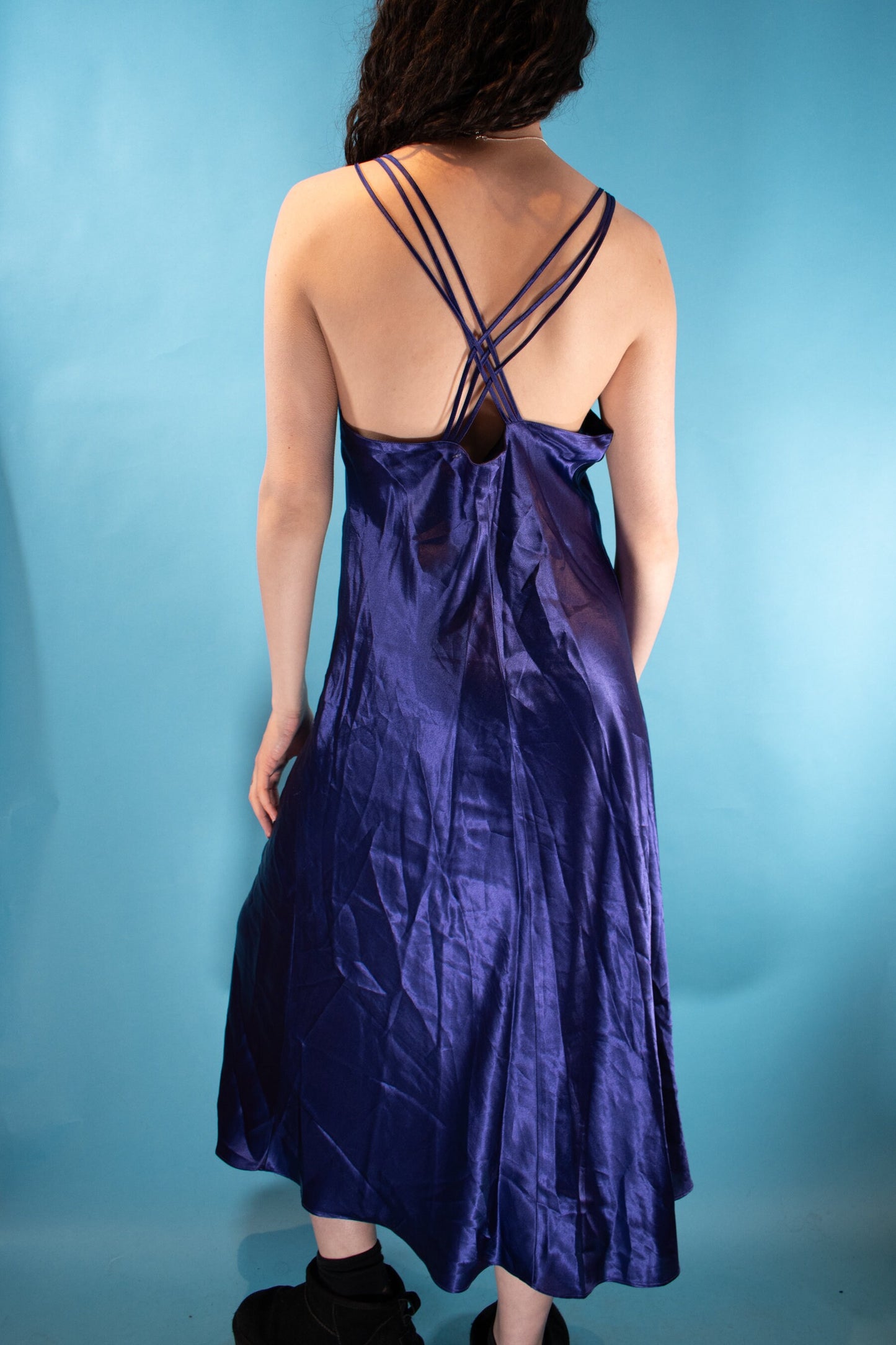 Vintage Y2K Size M Satin Slip Cross Back Maxi Dress in Purple.