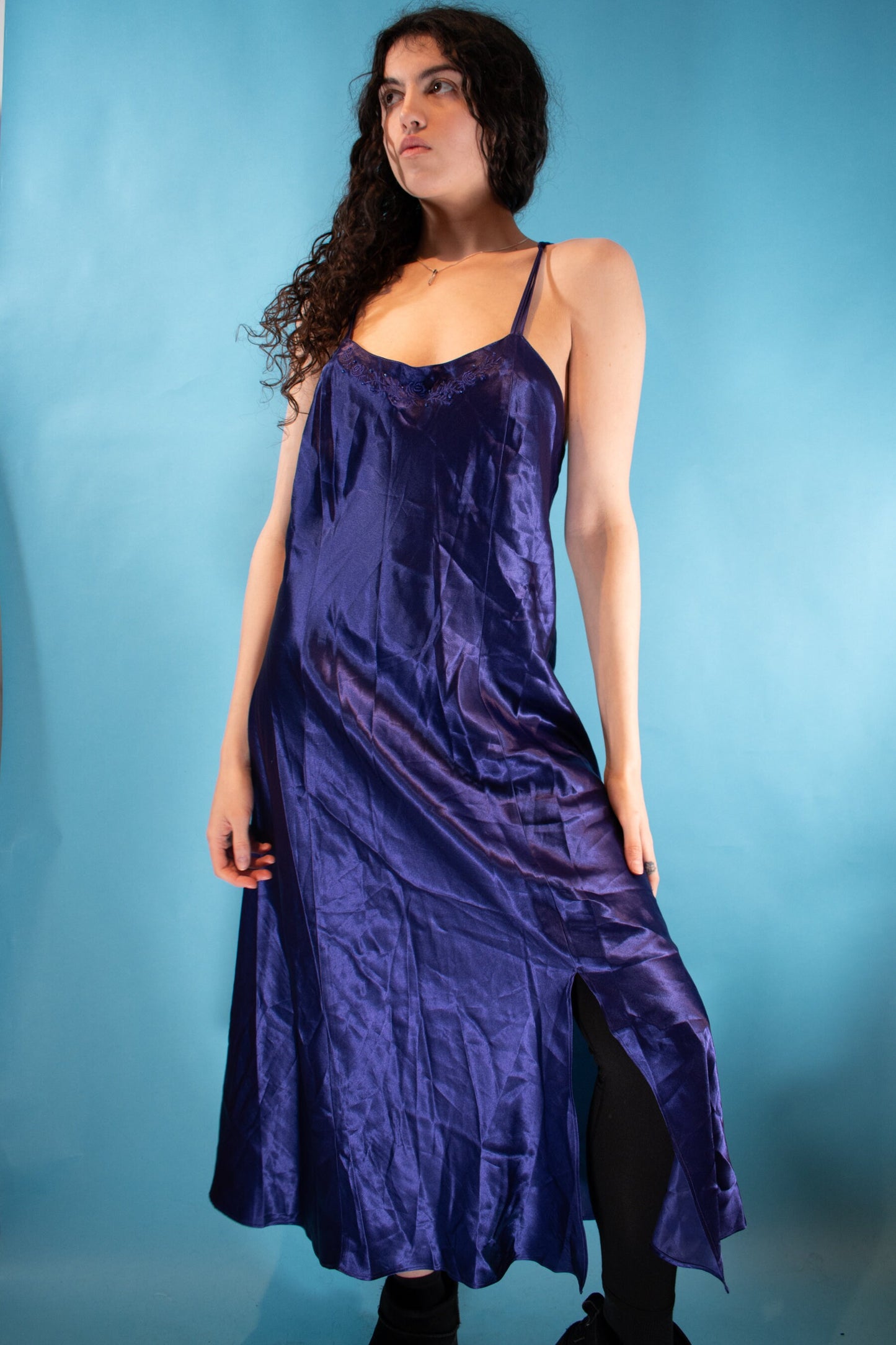 Vintage Y2K Size M Satin Slip Cross Back Maxi Dress in Purple.